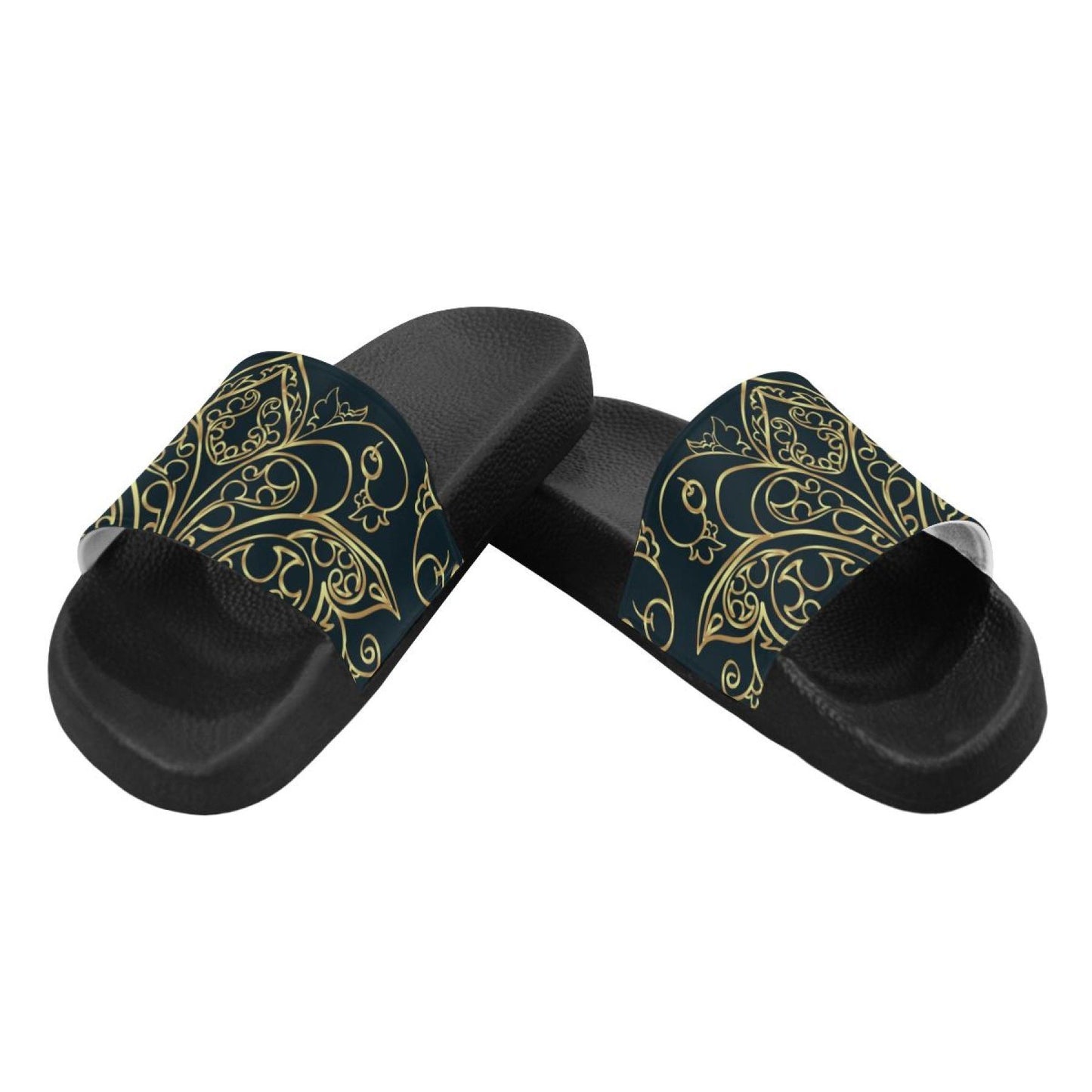 Flip-Flop Sandals, Black And Gold Swirl Style Womens Slides