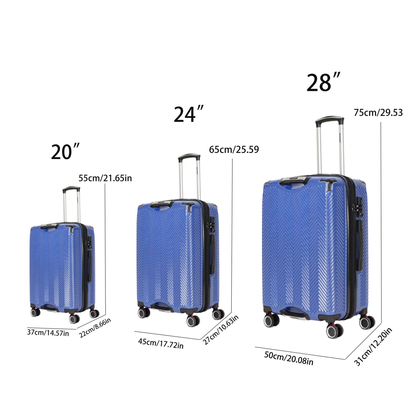 3-piece hard carry on luggage set with swivel wheels and password lock, portable lightweight password travel luggage, blue (20/24/28)