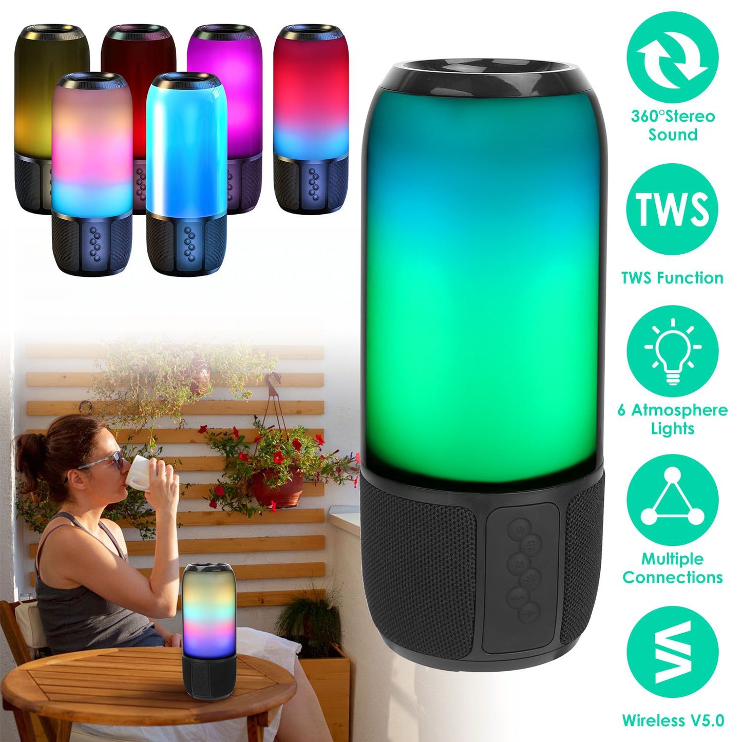 Wireless Portable Speaker Loud Stereo Speaker with 6 Color Changing Lights Radio Party TWS Speaker for Home Outdoor Travelling