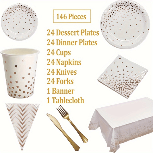 Rose Gold and White Party Supplies Disposable Dinnerware Set Rose Gold Paper Plates Napkins Knives Forks Cups Tablecloth Banner for Graduation Birthday Anniversary Party Decorations