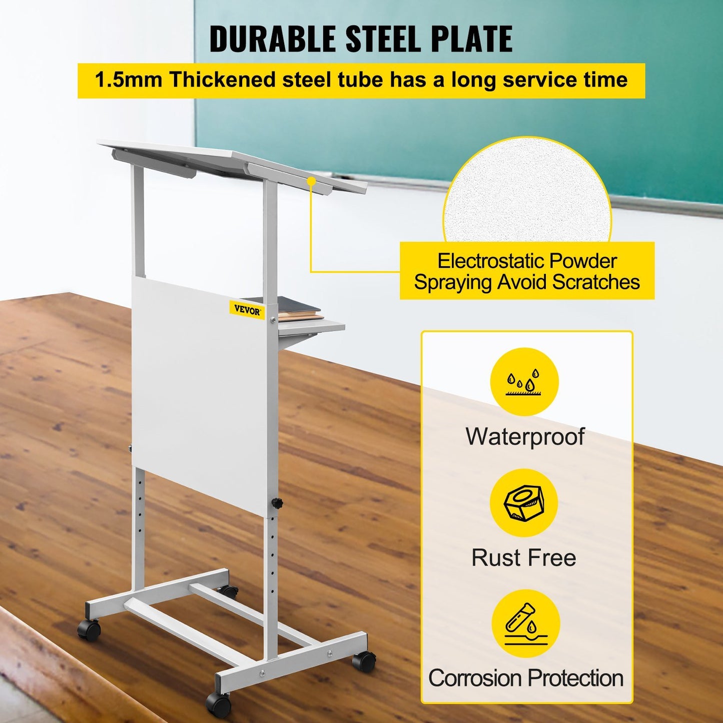 VEVOR Stand Up Lectern, Height Adjustment Portable Pulpit, Lectern Podium with 4 Rolling Casters, Lower Storage Shelf Floor Lectern Podium, White Lecterns & Podiums for Classroom, Concert, Church