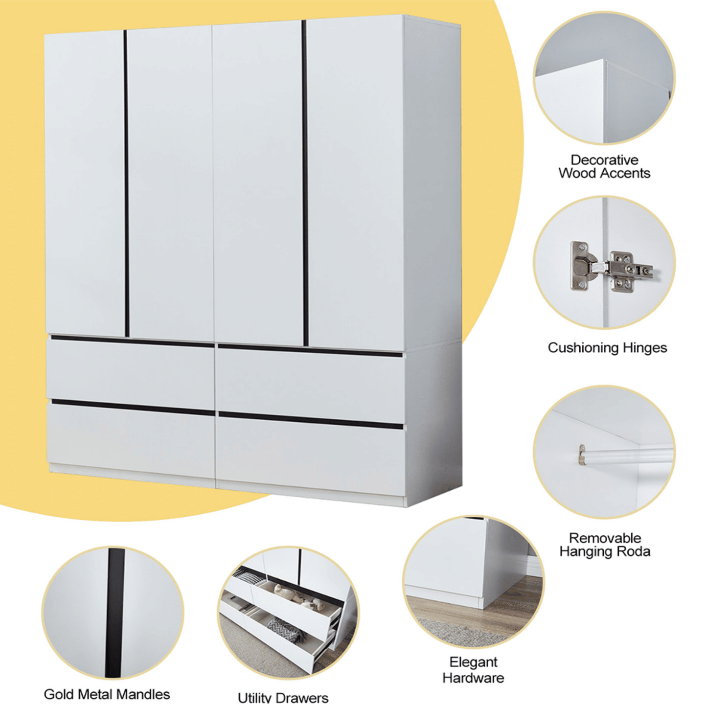 Wooden Wardrobe Closet, 4 Door 4 Drawers Bedroom Wardrobe for Ample Storage, Large White Armoire Wardrobe Closet with Hanging Rod and 3 Shelves