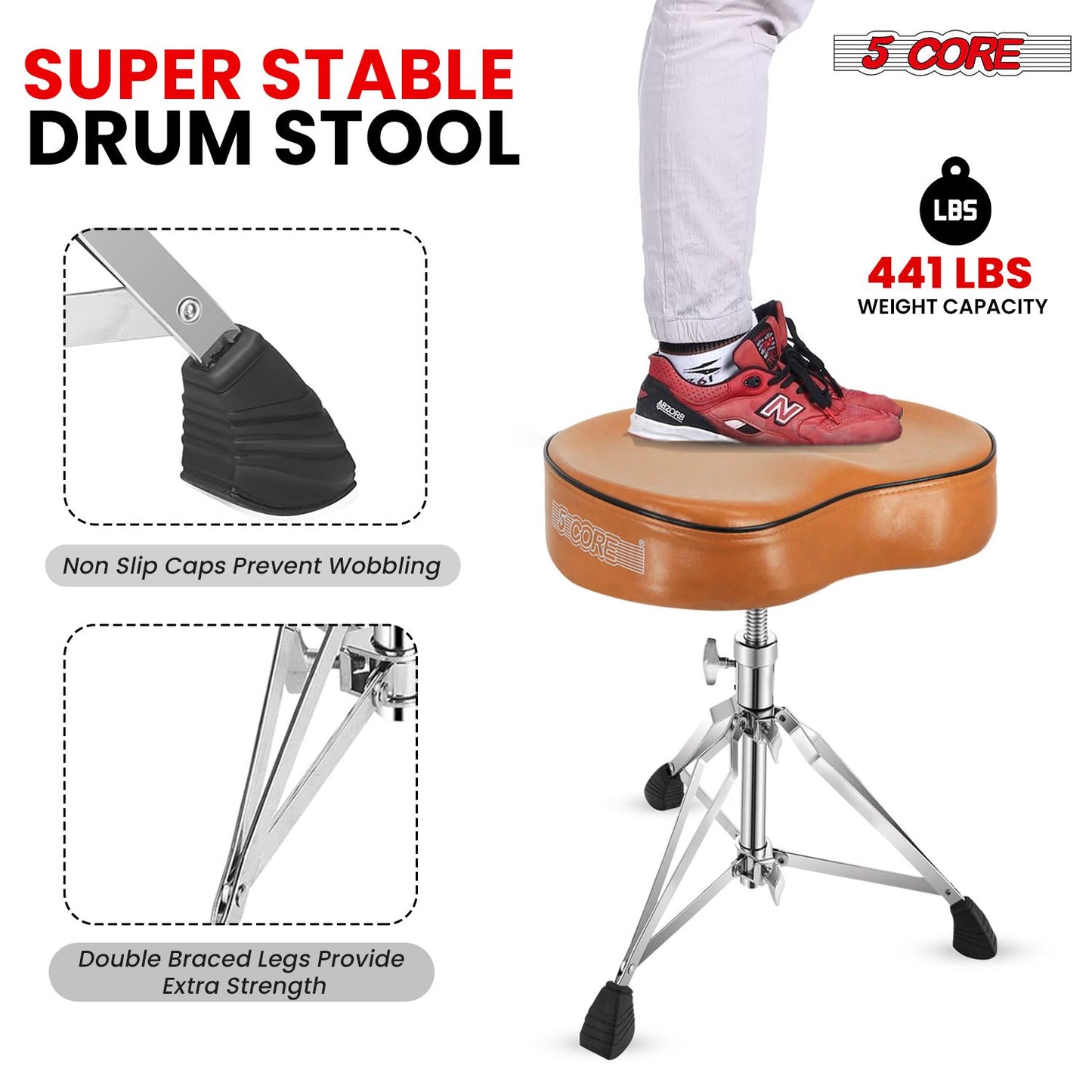 5 CORE Drum Throne Padded Guitar Stool Adjustable Heavy Duty Saddle Music Chair Seat Universal for Adults & Kids with Anti Slip Rubber Feet - DS CH BR SDL HD