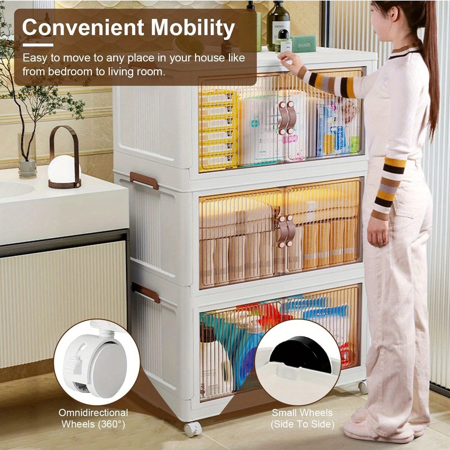 3Pcs Foldable Storage Bins with Lid Front Magnetic Door Collapsible Stackable Closet Organizer Containers with 4Pcs 360° Rotatable Wheels 8Pcs Small Wheels