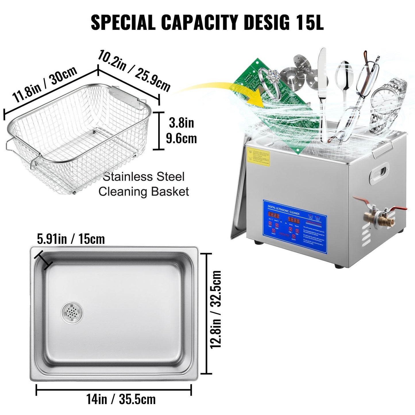 VEVOR 15L Ultrasonic Cleaner with Digital Timer&Heater Professional Ultrasonic Cleaner 40kHz Advanced Ultrasonic Cleaner 110V for Wrench Screwdriver Repairing Tools Industrial Parts Mental Cleaning