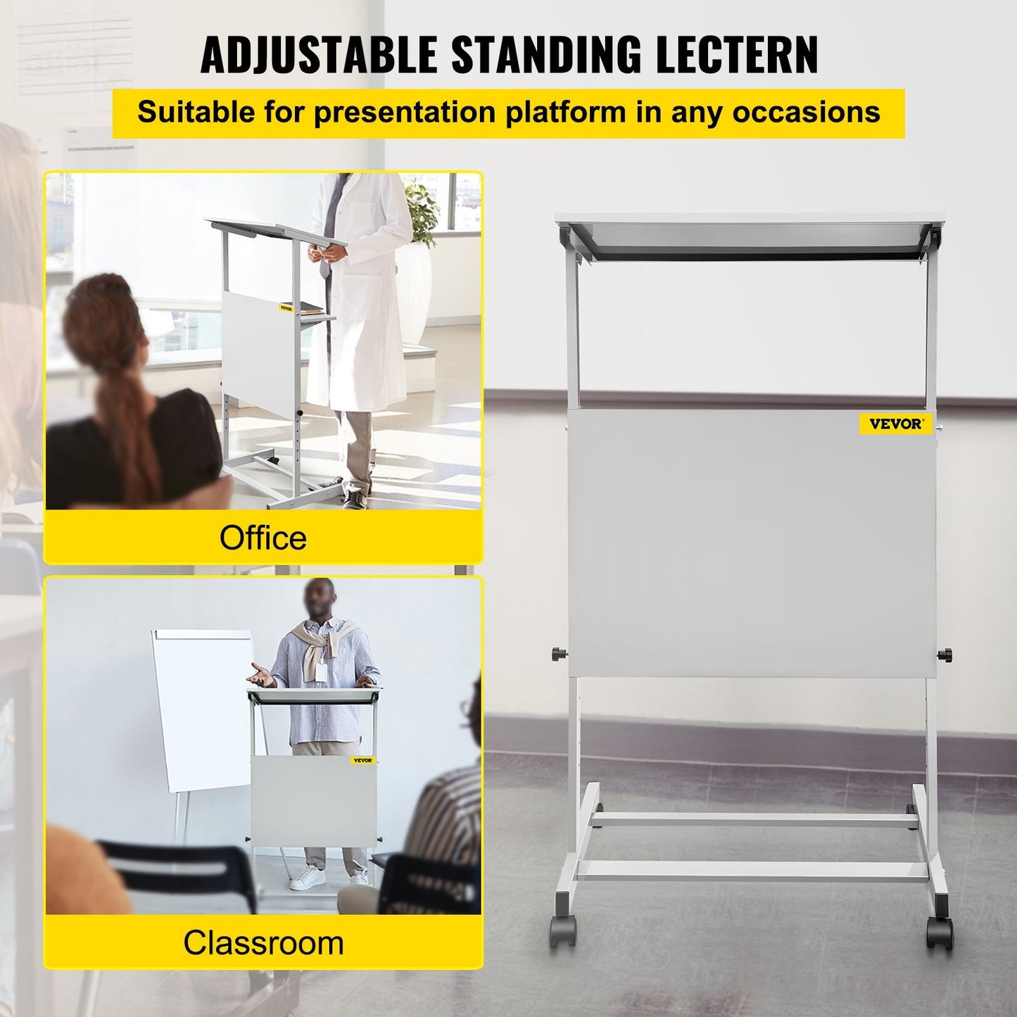 VEVOR Stand Up Lectern, Height Adjustment Portable Pulpit, Lectern Podium with 4 Rolling Casters, Lower Storage Shelf Floor Lectern Podium, White Lecterns & Podiums for Classroom, Concert, Church