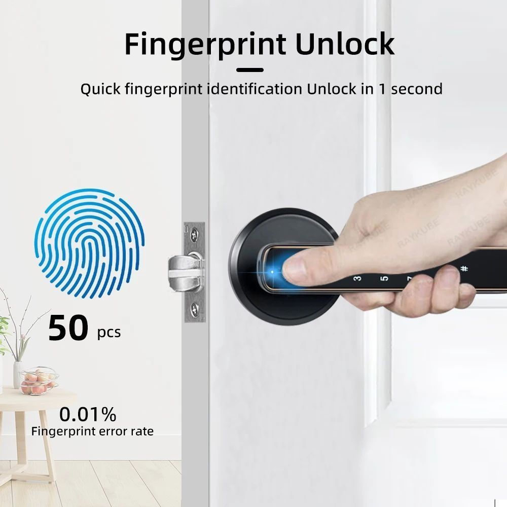 Tuya Fingerprint Door Lock with Lock Smart Fingerprint Door Handle with App Control and Key Biometric Door Lock, Fingerprint Door Lock for Bedroom, Front Door, Home, Apartment, Office and Garage Black