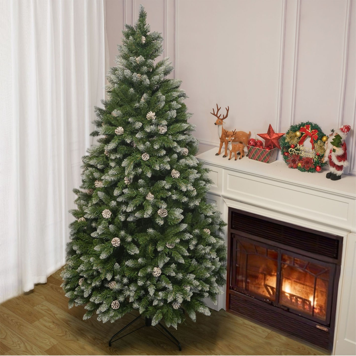 6FT PVC Christmas Tree, 883 Snow-Covered Branches Tips with Pinecones, Environmentally Friendly Artificial