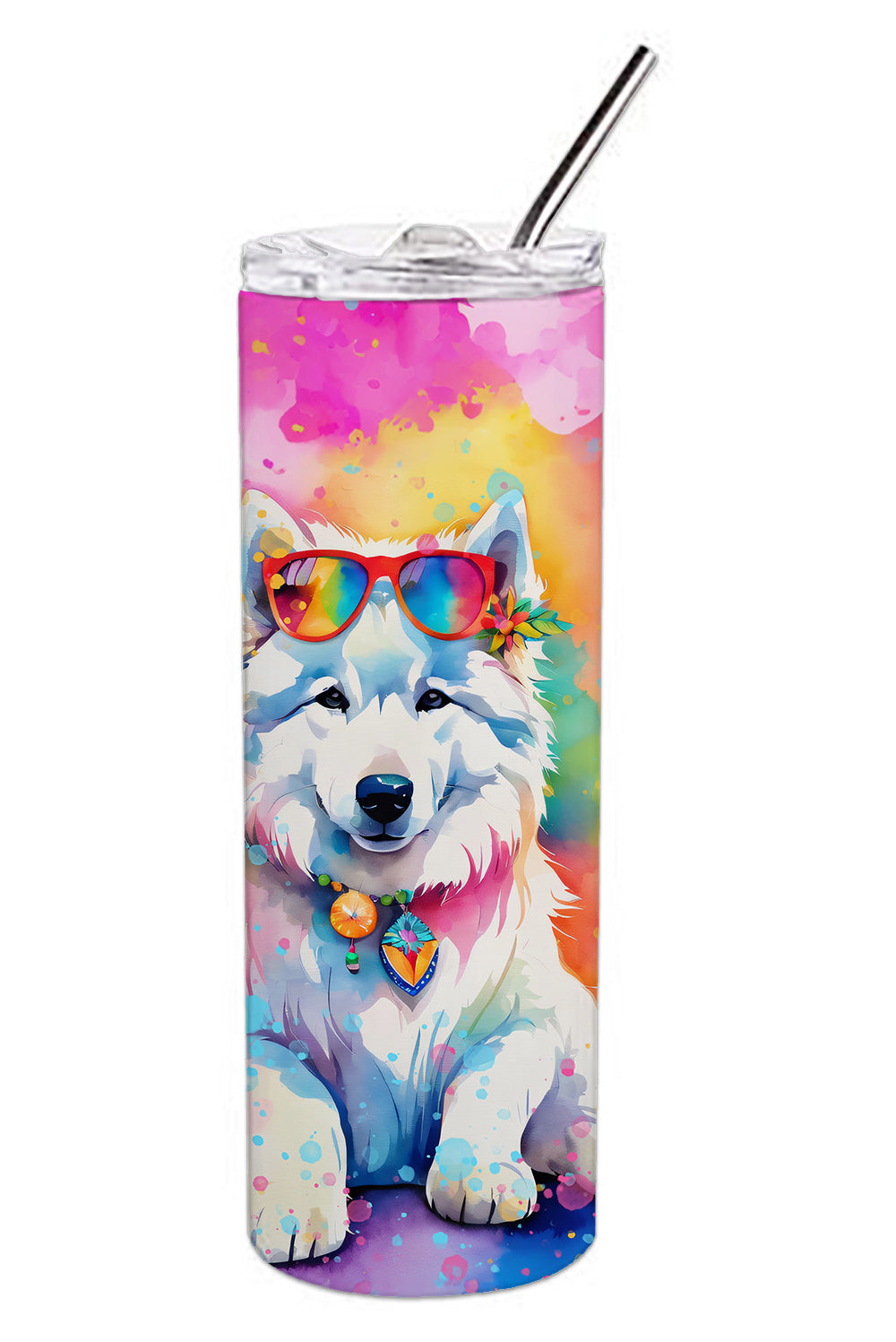 Samoyed Hippie Dawg Stainless Steel Skinny Tumbler Vacuum Double Walled Reusable Insulated Tumbler Travel Cup for Coffee Cocktails Gift with Lid, 20 oz