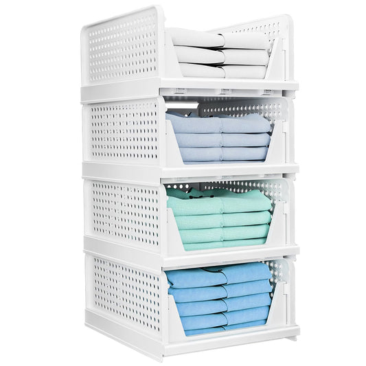 4 Packs Plastic Storage Box Closet Organizer Foldable Storage Bin Stackable Drawer with Slide Rail Push-Pull Storage Basket for Living Room Bedroom Wardrobe White