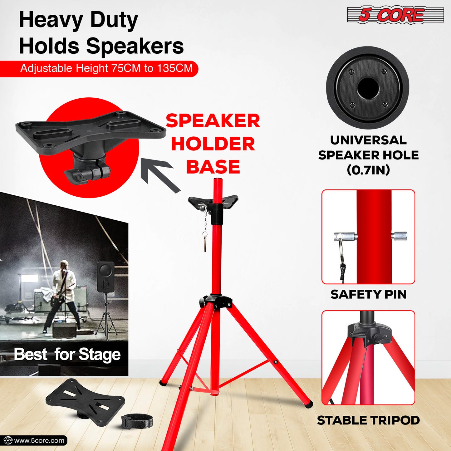 5 Core Speaker Stand Tripod Floor Heavy Duty Adjustable Up to 72 Inch DJ Studio Monitor Stands Pole Mount  - SS HD RED BAG