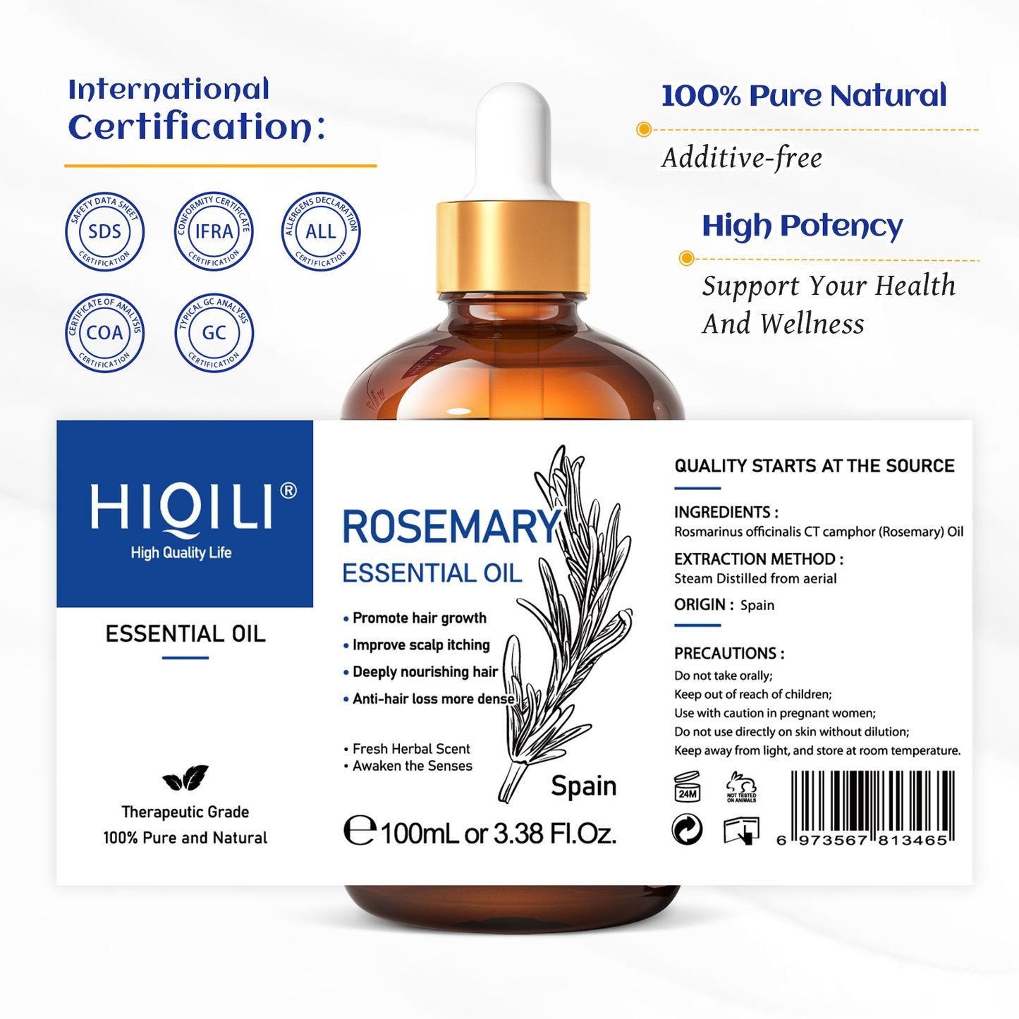 HIQILI Rosemary Jasmine Lavender Mint Essential Oils for Hair Care, increasing luster, Massage, Skin Care, Diffuser, Humidifier