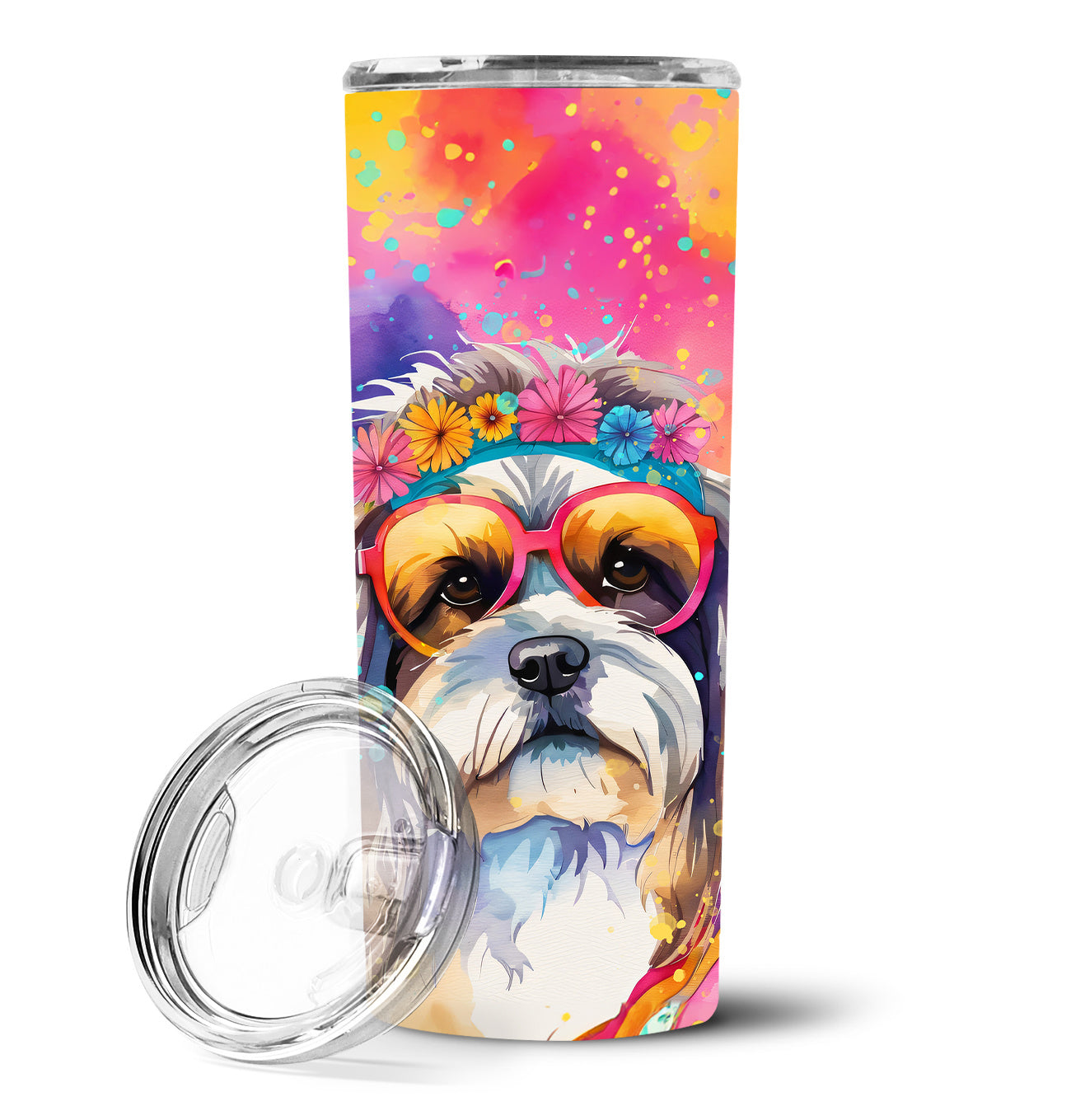 Shih Tzu Hippie Dawg Stainless Steel Skinny Tumbler Vacuum Double Walled Reusable Insulated Tumbler Travel Cup for Coffee Cocktails Gift with Lid, 20 oz