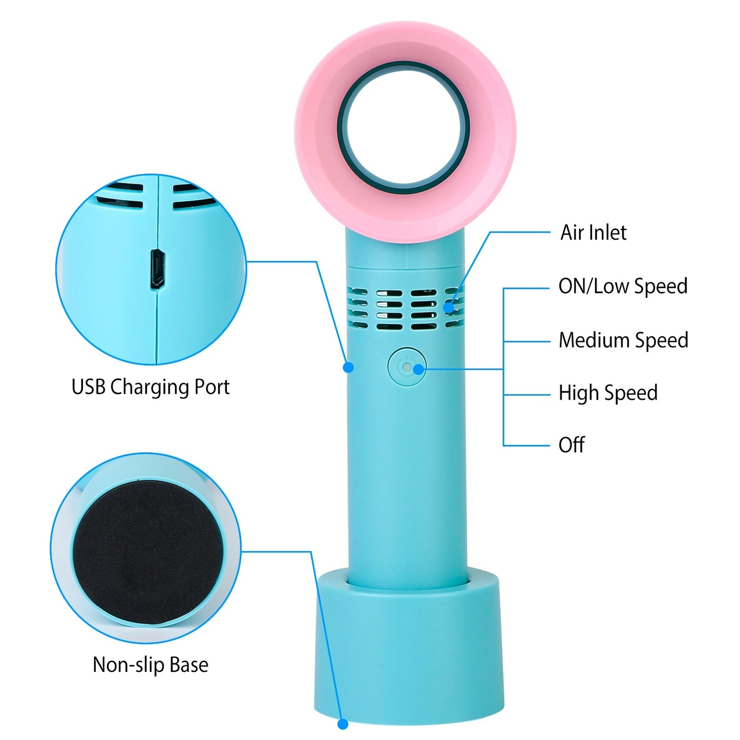 Portable Handheld Bladeless Fan Rechargeable Cooling USB Fan Desktop Use Fan w/ 3 Gears LED Indicator Cooling Fan