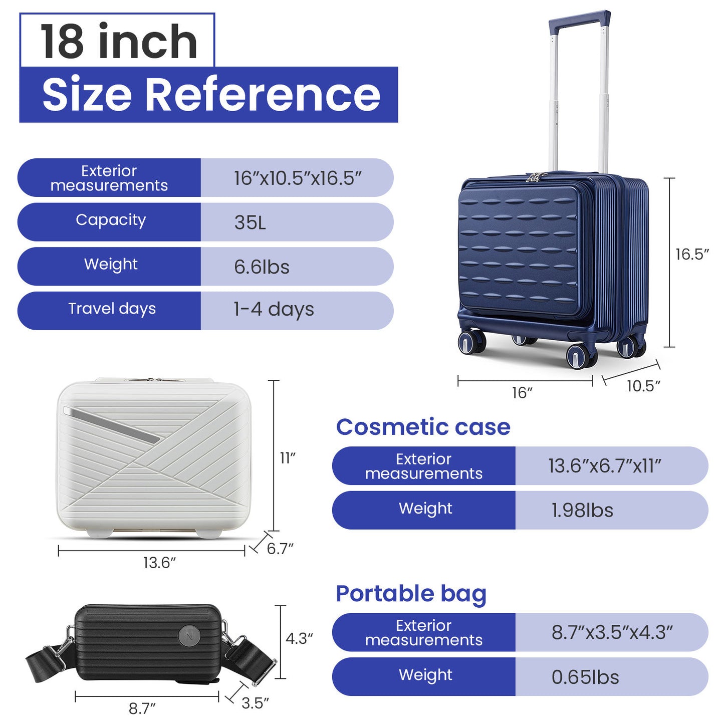 18" Carry On Luggage with Front Open Door &Laptop Interlayer, Hard Shell Suitcase Built-In TSA Luggage Lock, Hardside Lightweight PC Travel Suitcase for Women Men with Spinner Wheels Airline Approved