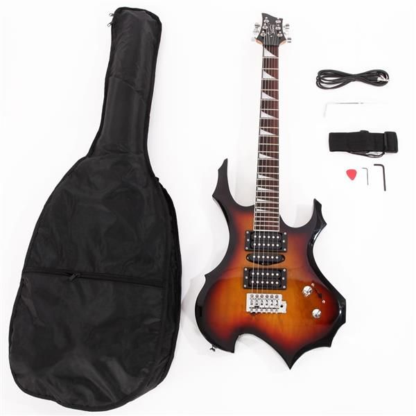 [Do Not Sell on Amazon]Glarry Flame Shaped Electric Guitar with 20W Electric Guitar Sound HSH Pickup Novice Guitar Audio Bag Strap Picks Shake Cable Wrench Tool Sunset Color