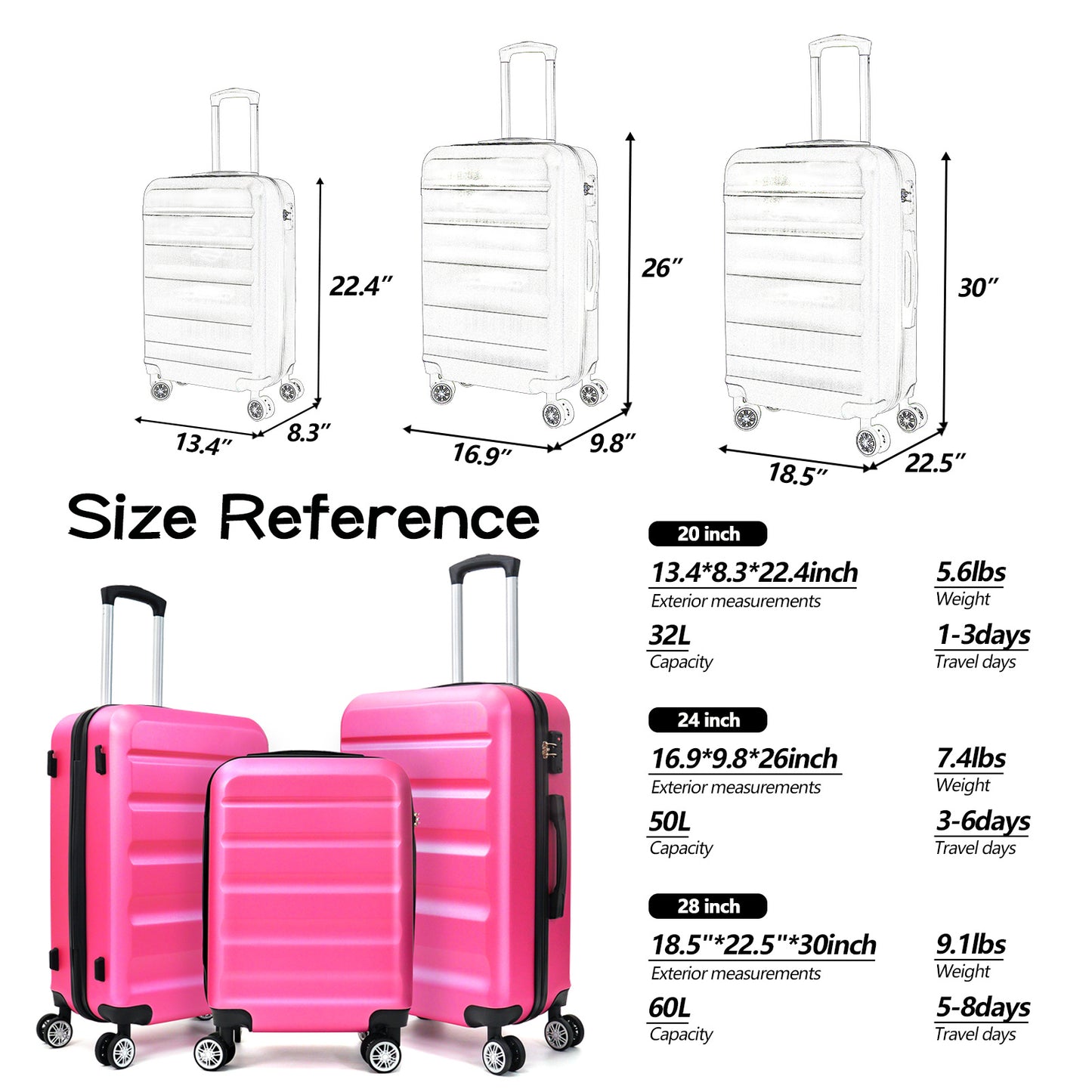 3-Piece Luggage(20inches,24inches,28inches)Featuring 360°Rotating Wheels and TSA Lock ABS Hard Shell yet Practical Design Suitable for both Men and Women