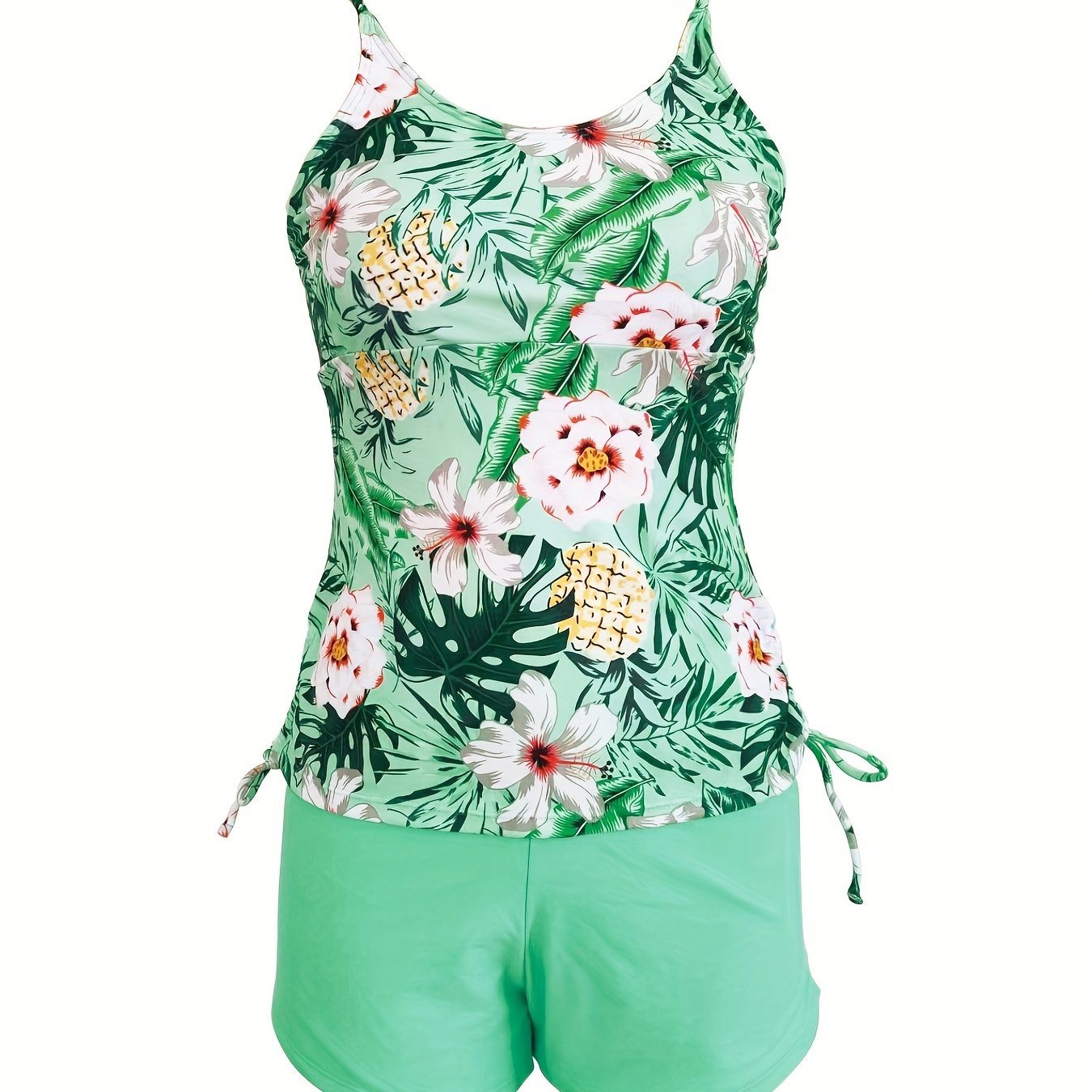 Floral & Plant All Over Print Drawstring Side Tank Top Solid Color Boxer Short Two Piece Tankini Sets Swimsuit, Women's Swimwear