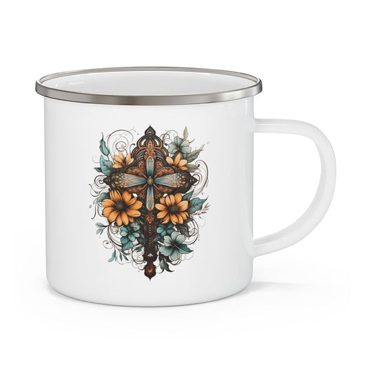 Enamel Camping Mug, Blue Brown Yellow Christian Cross Floral Bouquet Illustration