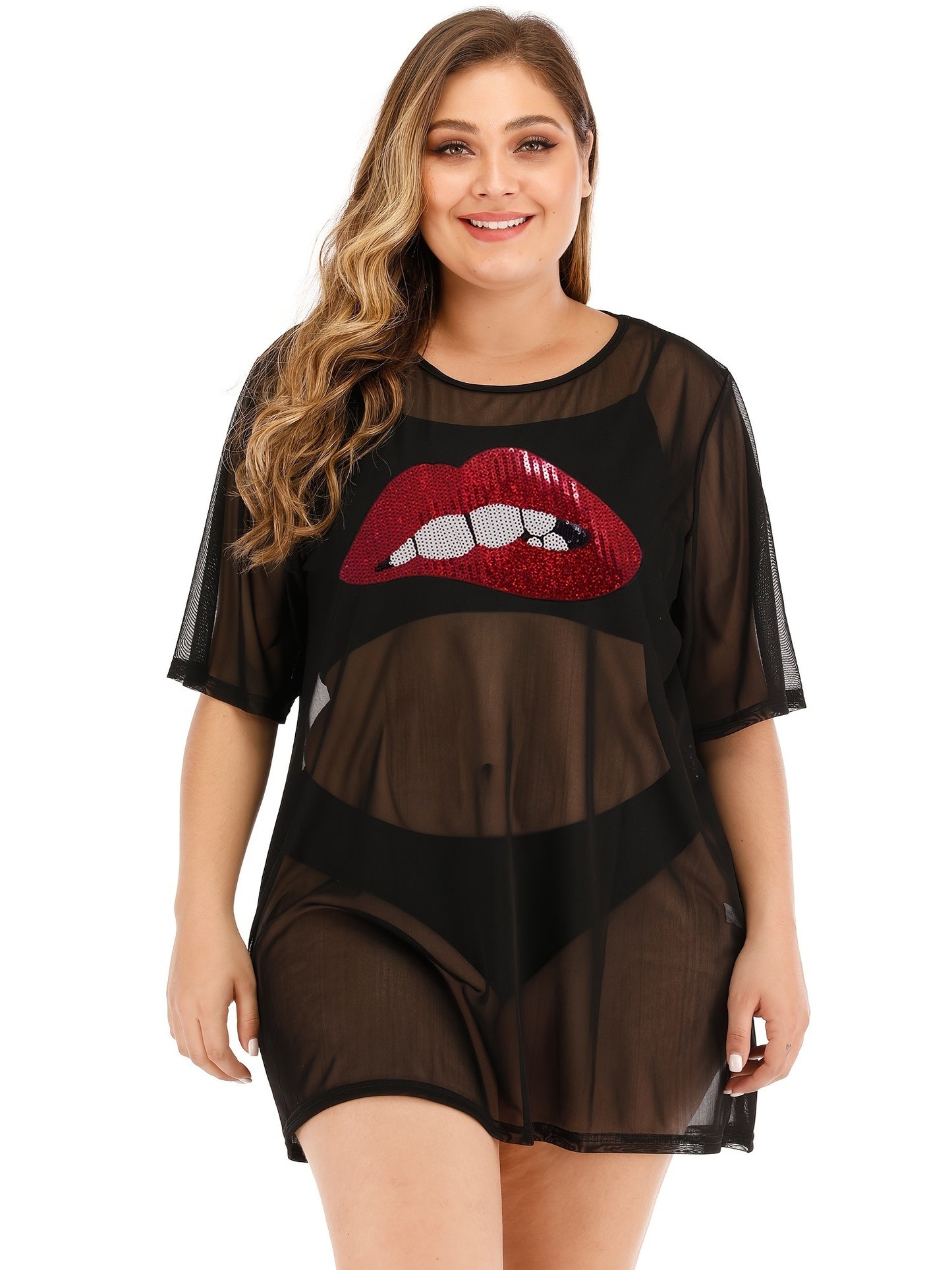 Plus Size Sequin Lip Print Semi Sheer Cover Ups; Women's Plus Sexy Slight Stretch Cover Ups