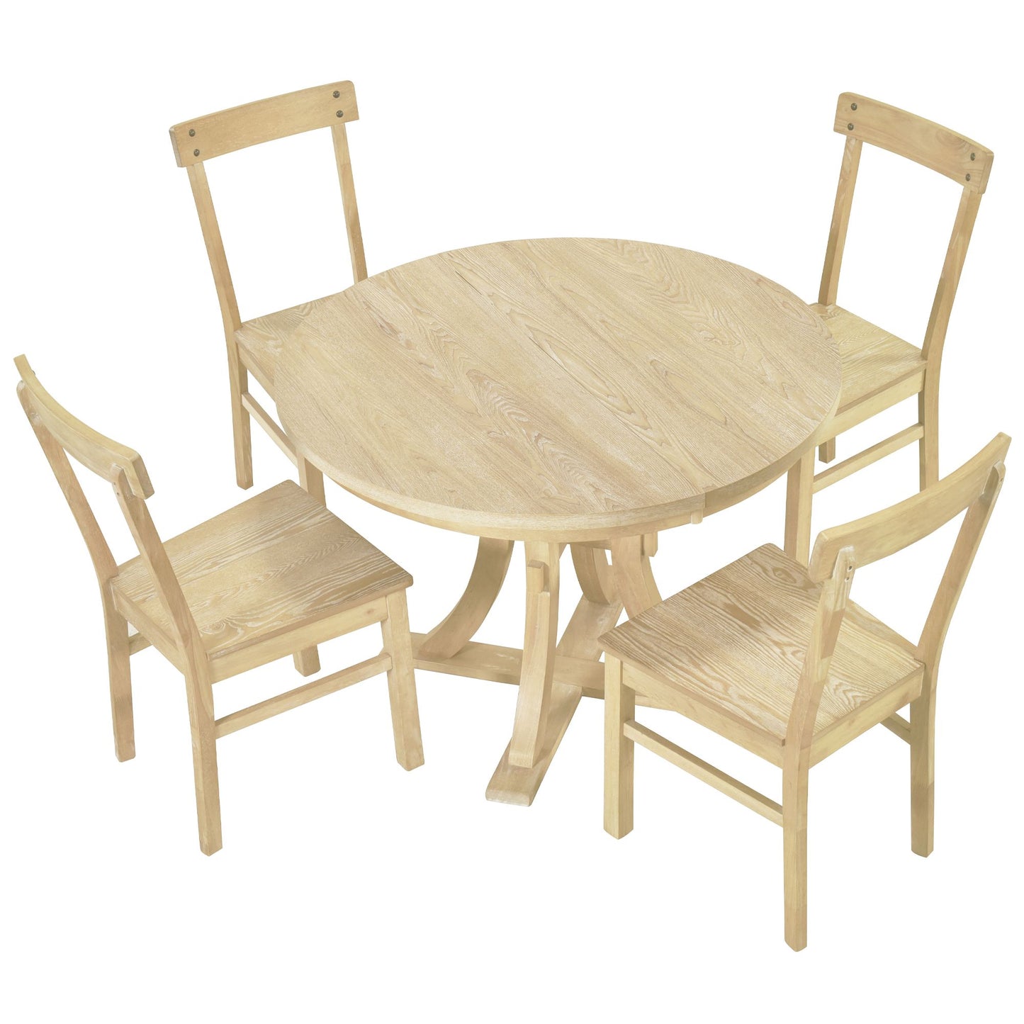 5-Piece Rustic Round Pedestal Extendable Dining Table Set with 15.7\" Removable Leaf and Simple Dining Chirs for Small Places