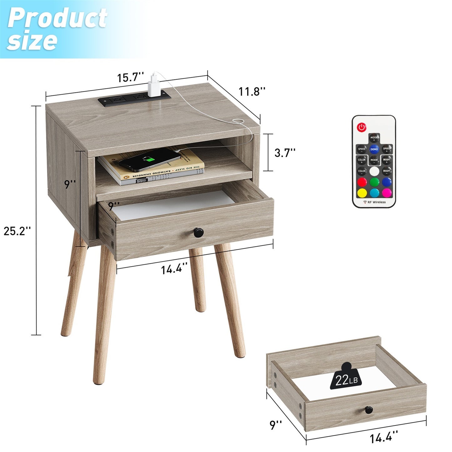 Nightstands with Charging Station, 2-Tier Storage & 20 Colors Remote LED Lights.