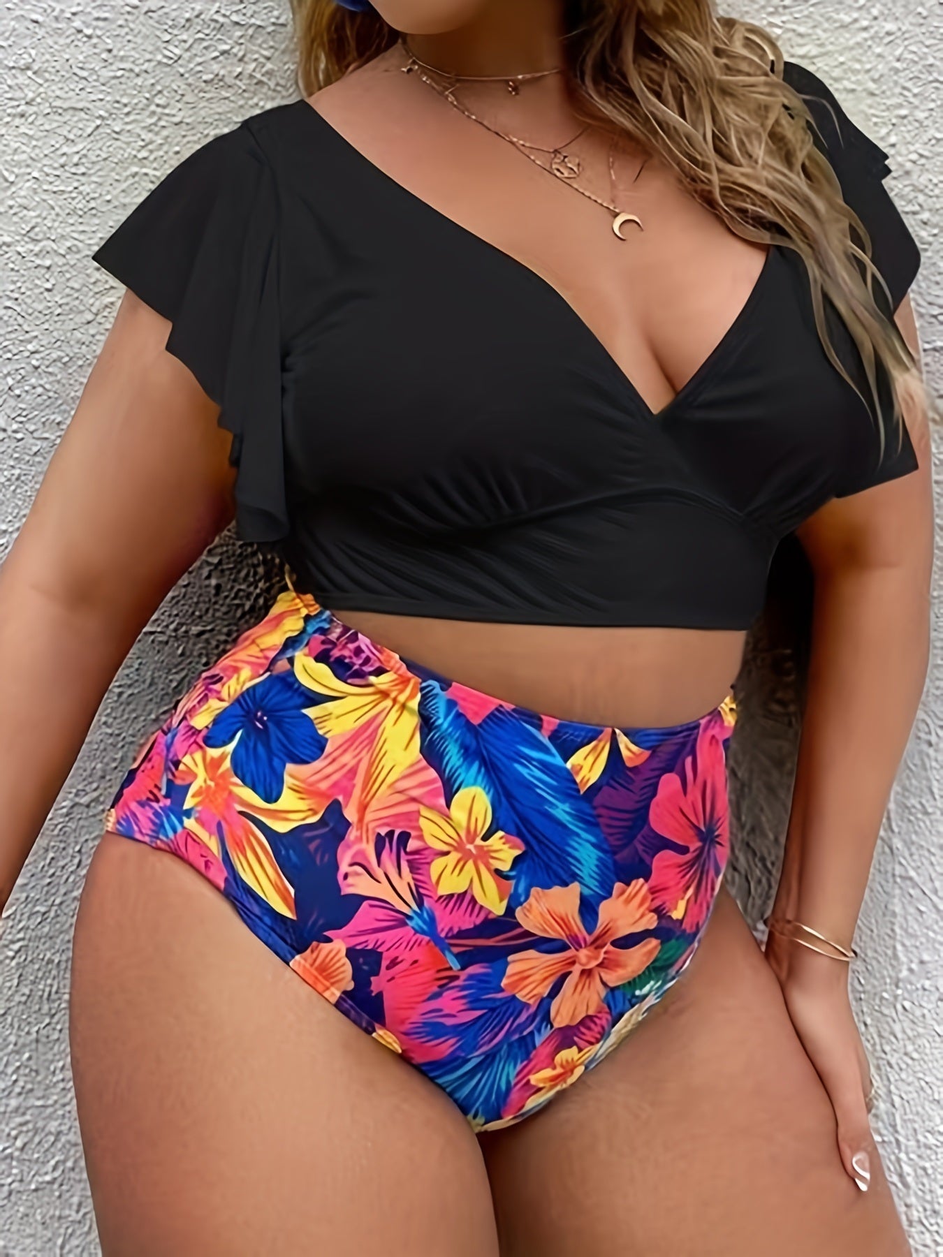 Plus Size Colorblock Tropical Print Bikini Set; Women's Plus Ruffle Sleeve High Waist Boho Swimsuit Set Bathing Suit Set