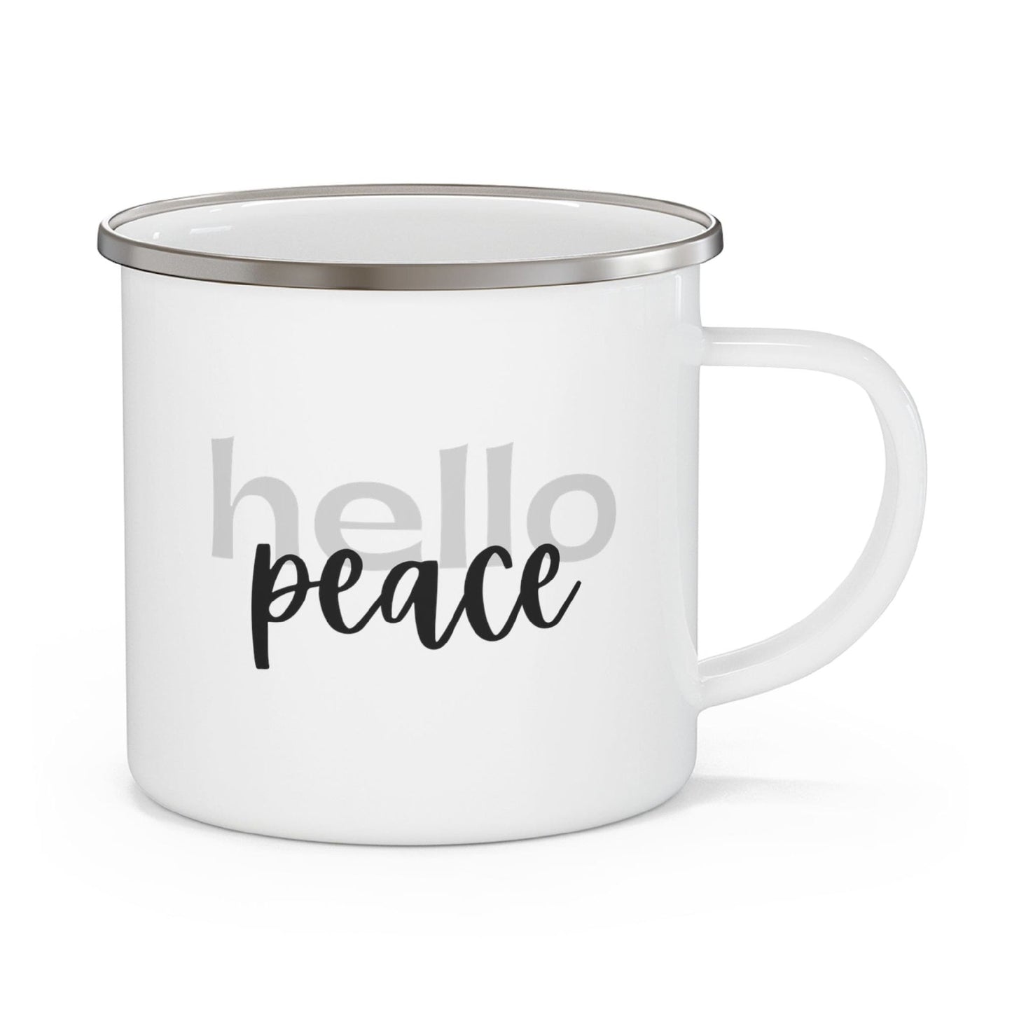 Enamel Camping Mug, Hello Peace Motivational Peaceful Aspiration - Grey/black