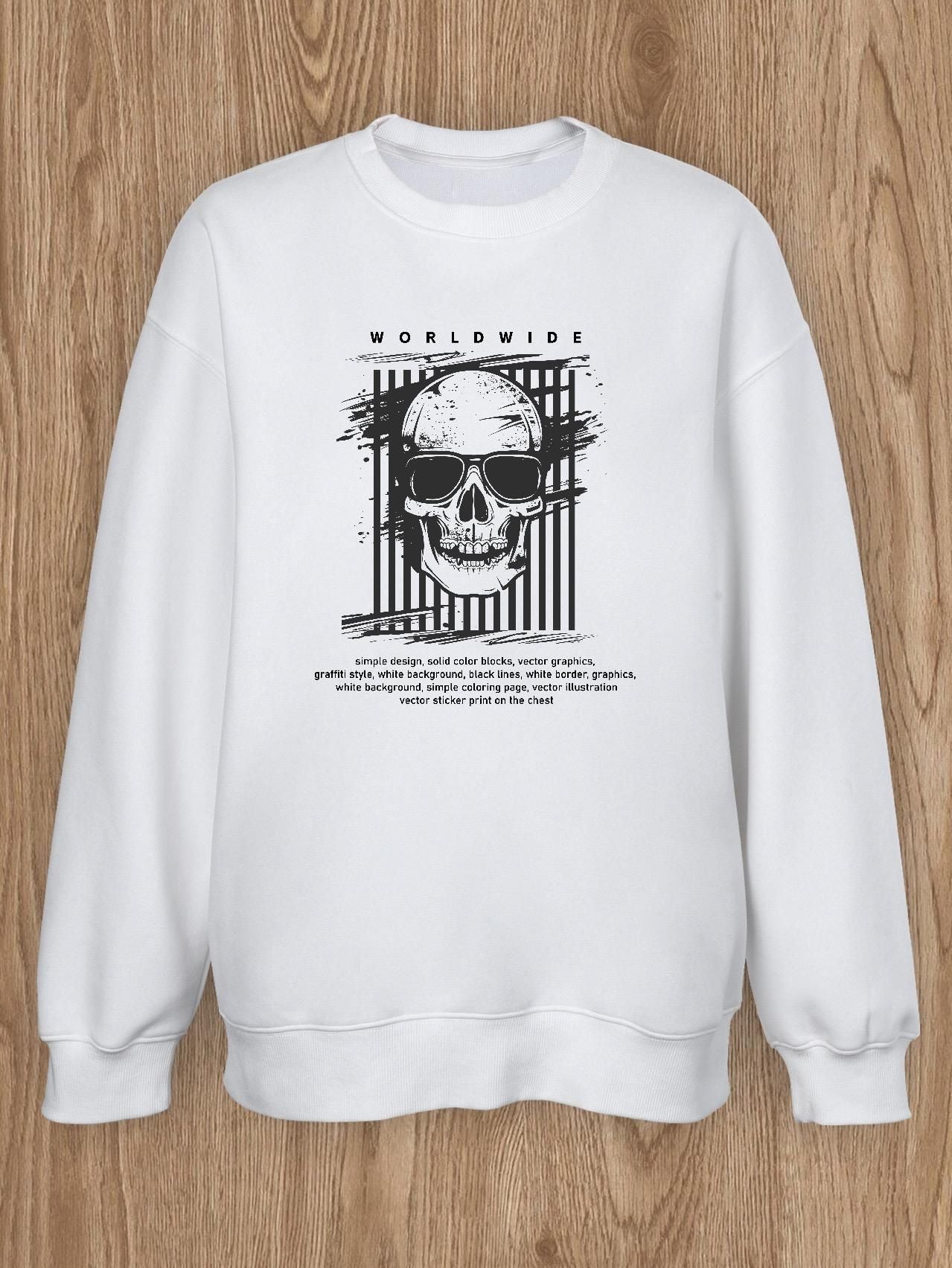 Women Basic Casual Pullover Spring Autumn Long Sleeve Street Skulls Printed Round Neck White