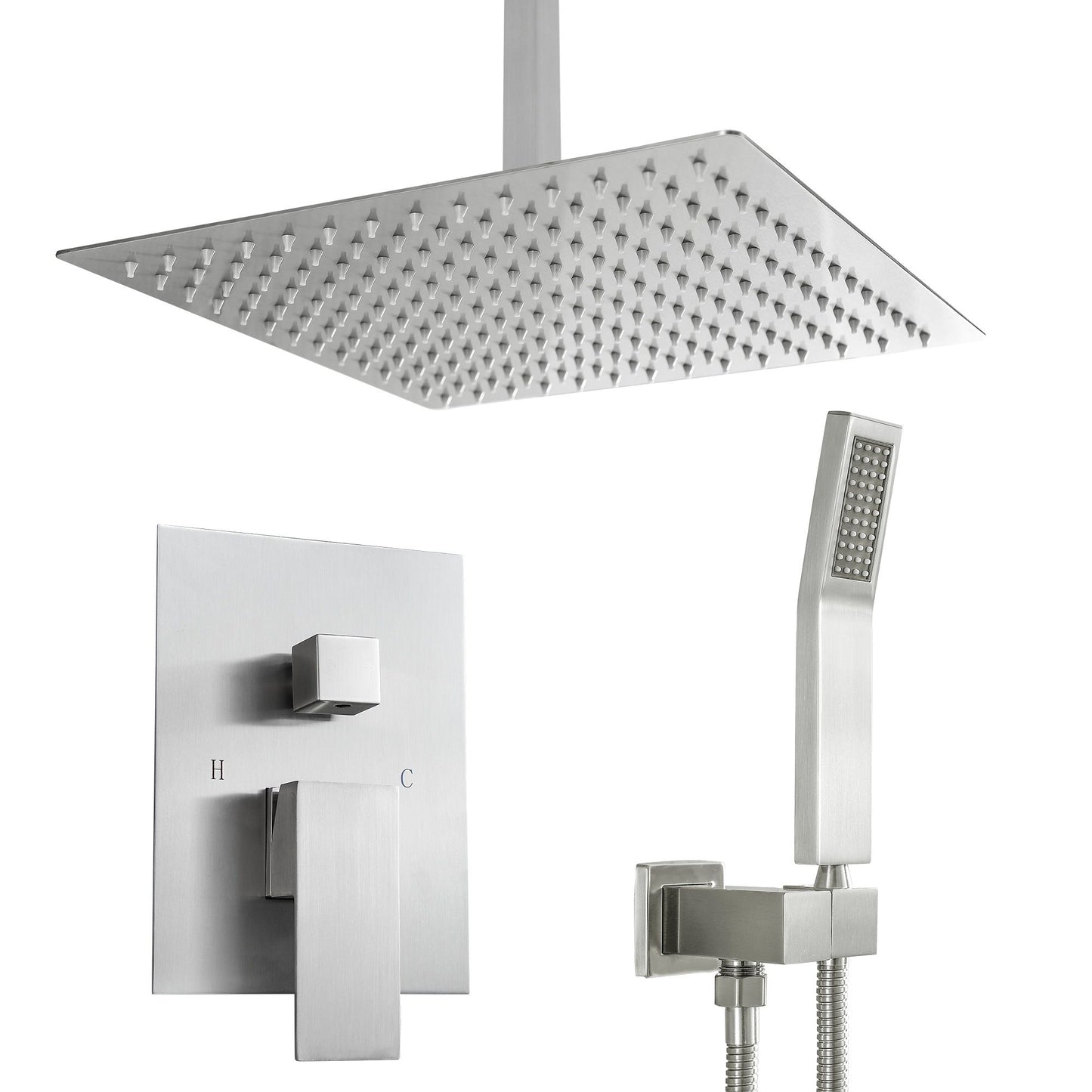 16\" Rainfall Shower Head and Handhled Shower Head,Ceiling Mounted Matte Black Shower System