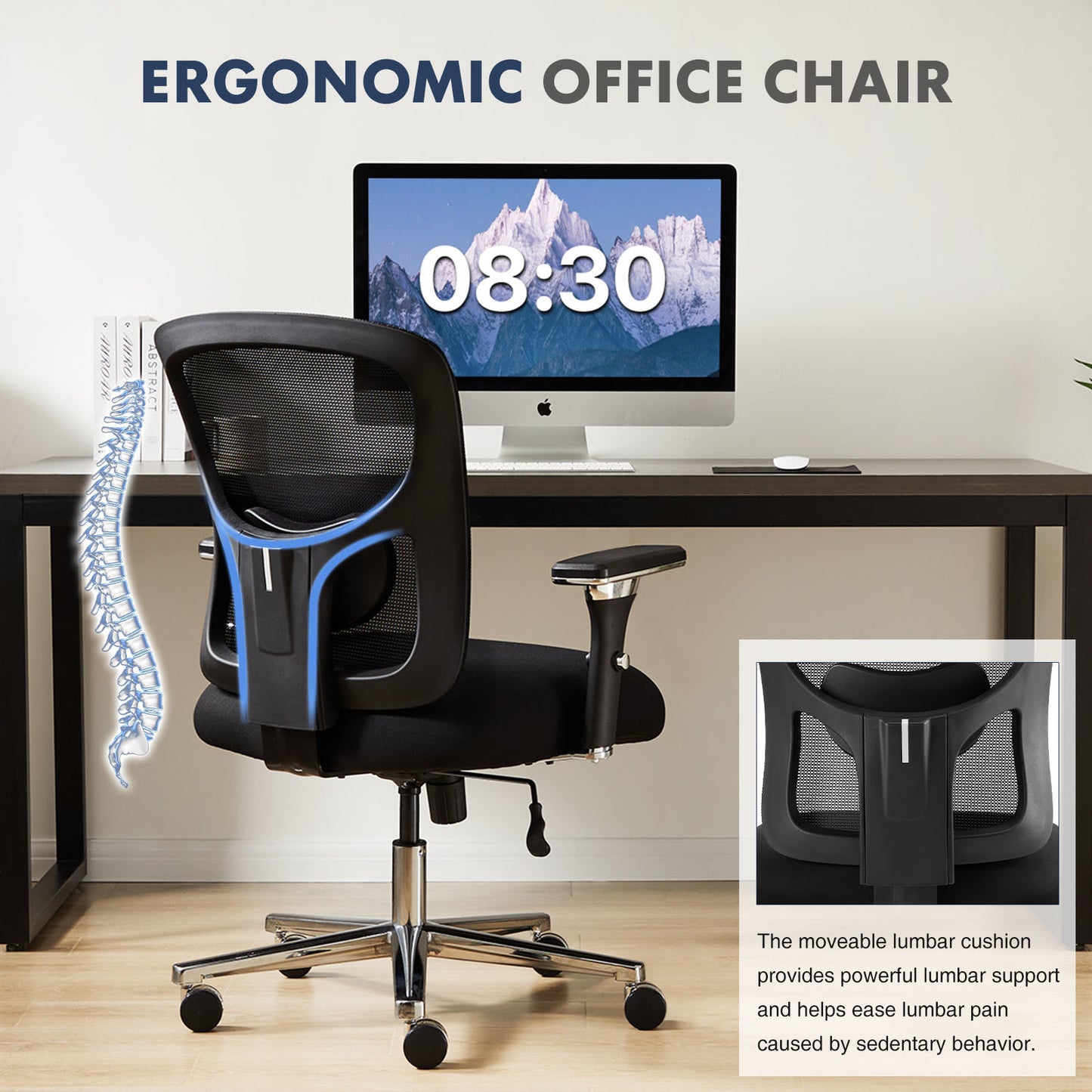 Desk chair, waist support, 500 lb heavy-duty mesh ergonomic computer chair