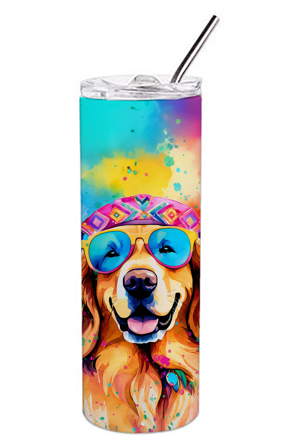 Golden Retriever Hippie Dawg Stainless Steel Skinny Tumbler Vacuum Double Walled Reusable Insulated Tumbler Travel Cup for Coffee Cocktails Gift with Lid, 20 oz