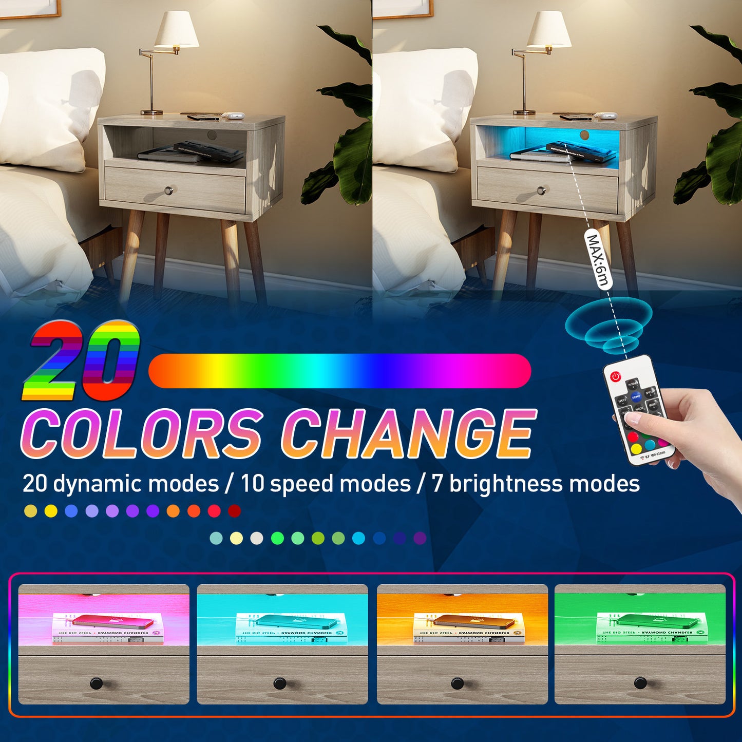 Nightstands with Charging Station, 2-Tier Storage & 20 Colors Remote LED Lights.