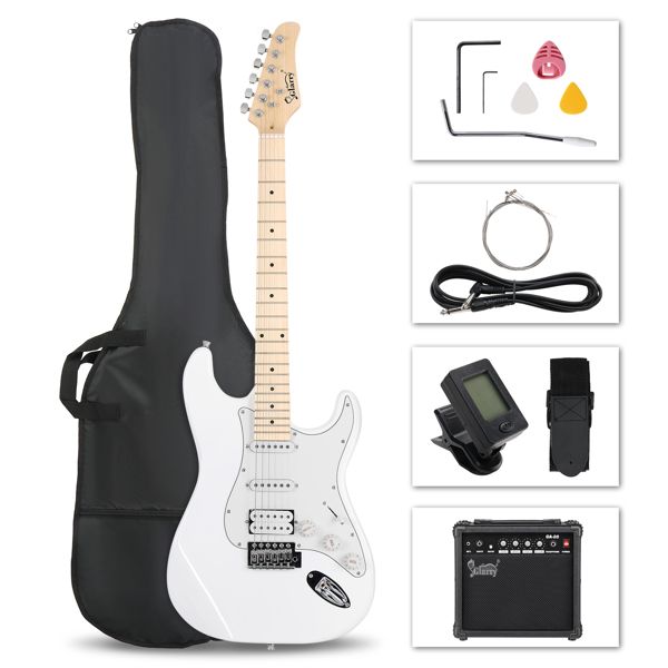 [Do Not Sell on Amazon] Glarry GST Stylish S-S-H Pickup Electric Guitar Kit with 20W AMP Bag Guitar Strap White