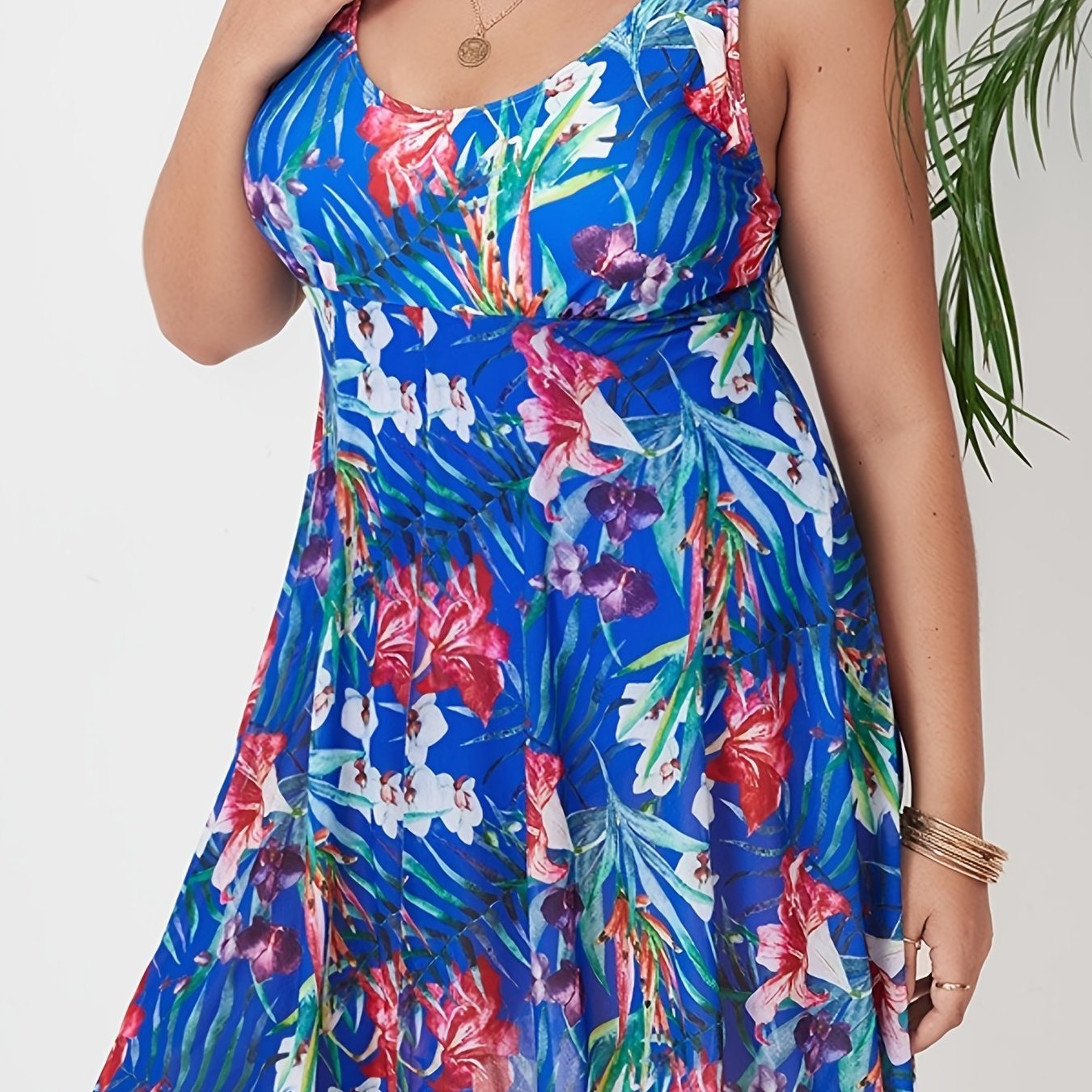 Plus Size Casual Swimsuit; Women's Plus Tropical Print Contrast Mesh Layered One Piece Swimsuit