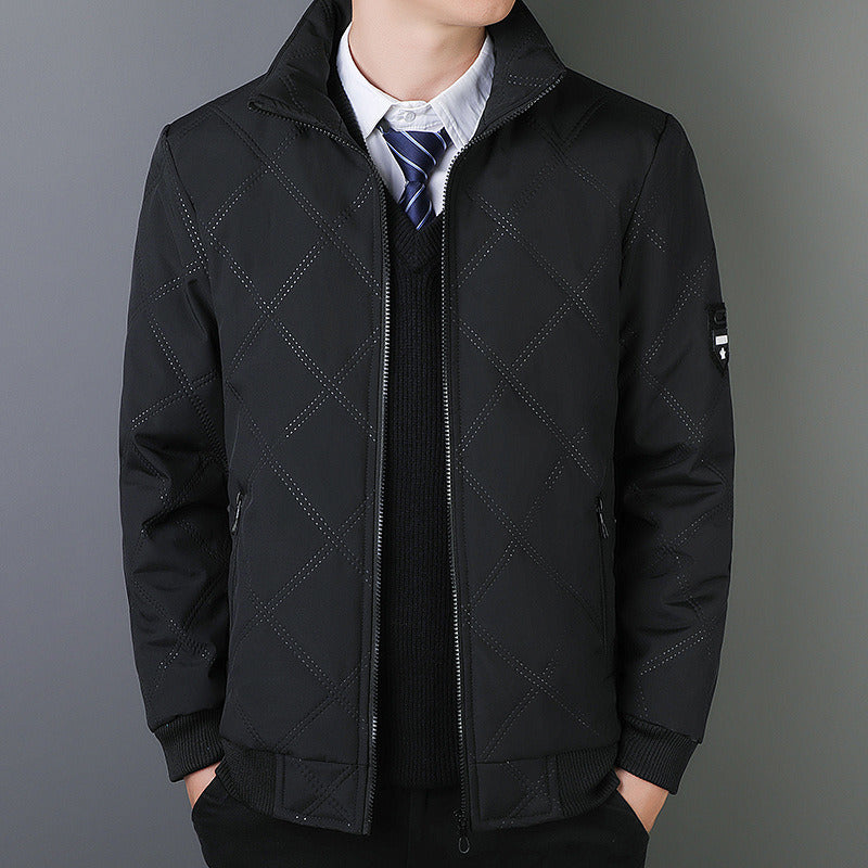 Cotton men's new autumn and winter stand-up collar with fleece diamond plaid warm warm cotton jacket