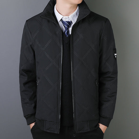 Cotton men's new autumn and winter stand-up collar with fleece diamond plaid warm warm cotton jacket