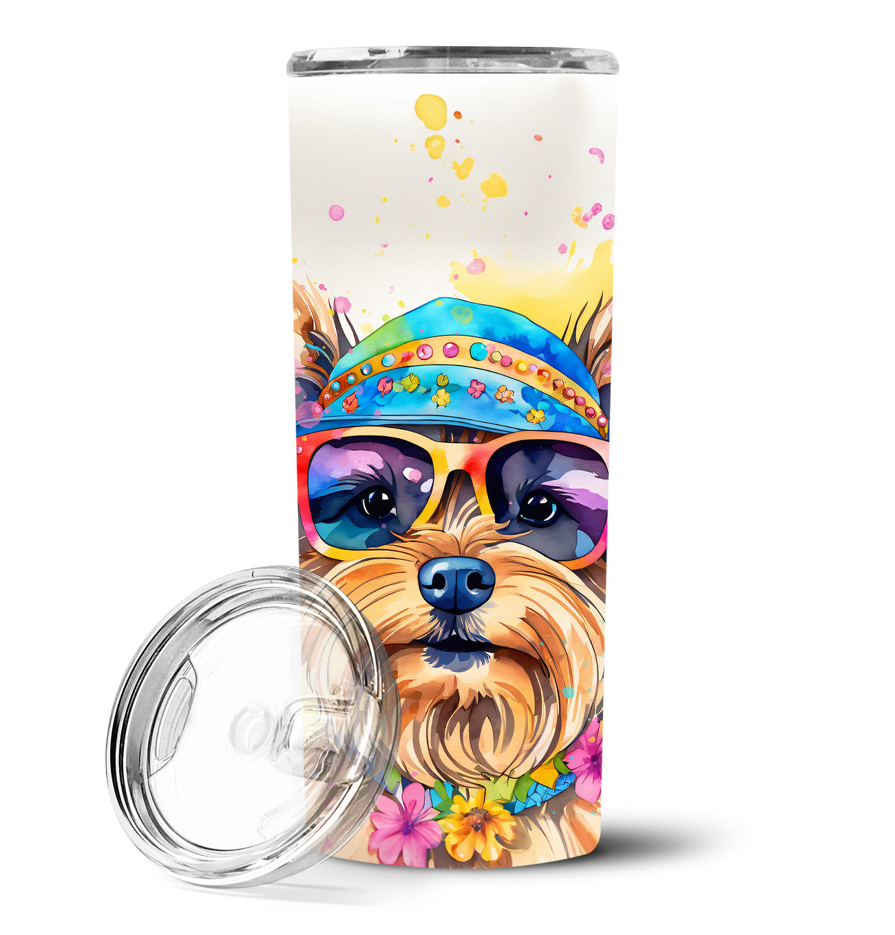 Yorkshire Terrier Hippie Dawg Stainless Steel Skinny Tumbler Vacuum Double Walled Reusable Insulated Tumbler Travel Cup for Coffee Cocktails Gift with Lid, 20 oz