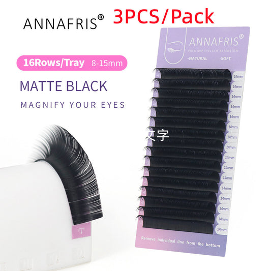 ANNAFRIS 3PCS/Pack 16 Rows Volume Classic Eyelash Extension C D Curl All Size Matte Black Individual False Eye Lashes Extension Salon Use Natural Soft Fake Eyelashes Supplies