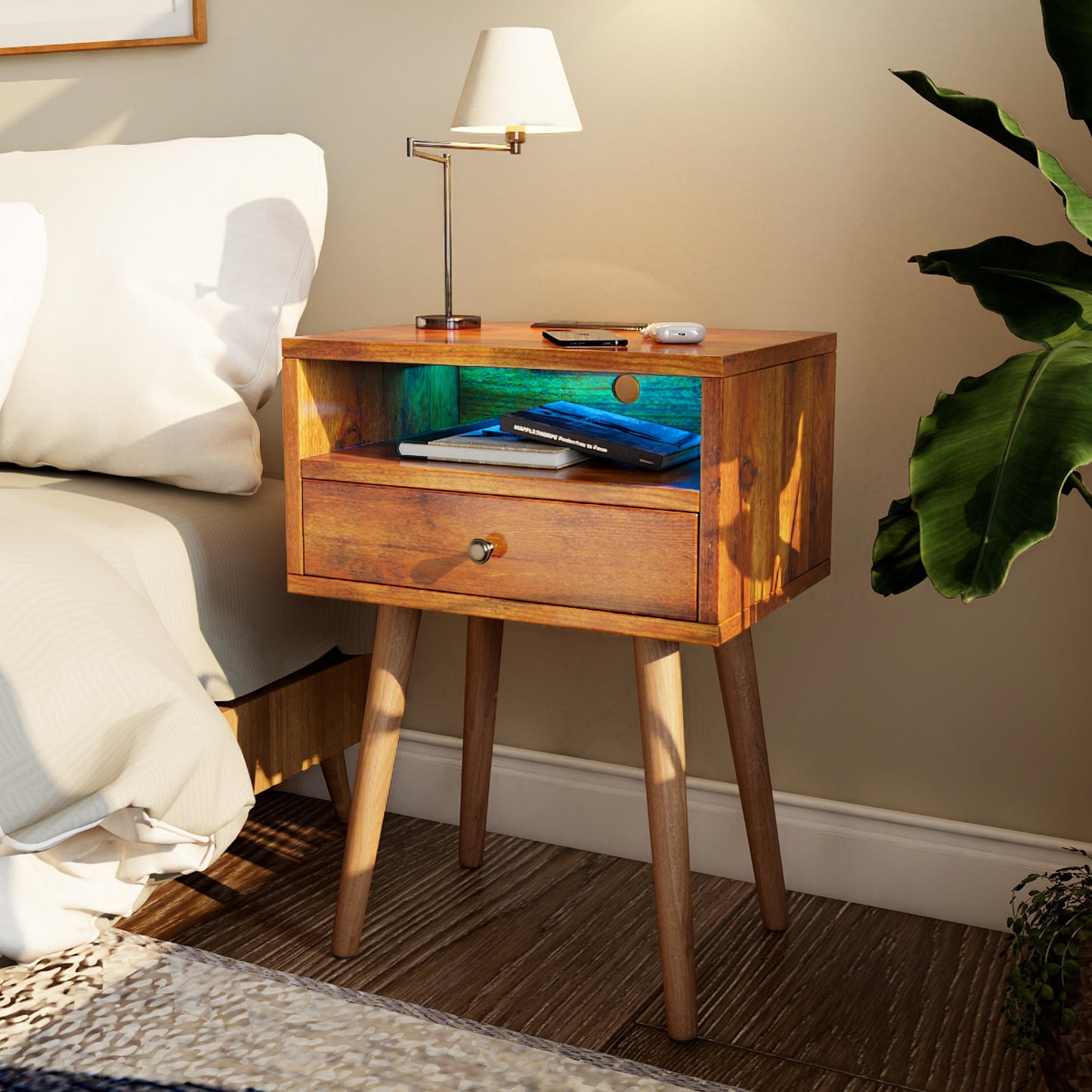 Nightstands with Charging Station, 2-Tier Storage & 20 Colors Remote LED Lights.