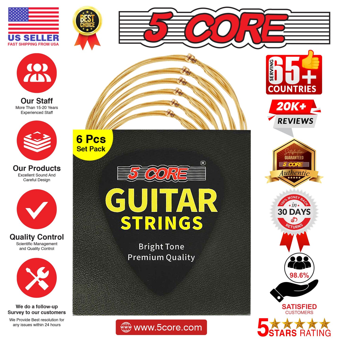 5 Core Guitar Strings Acoustic Pure Phosphor Bronze Guitar Strings .010-.048 Best Guitar Strings Acoustic 6 String set - GS AC BZ