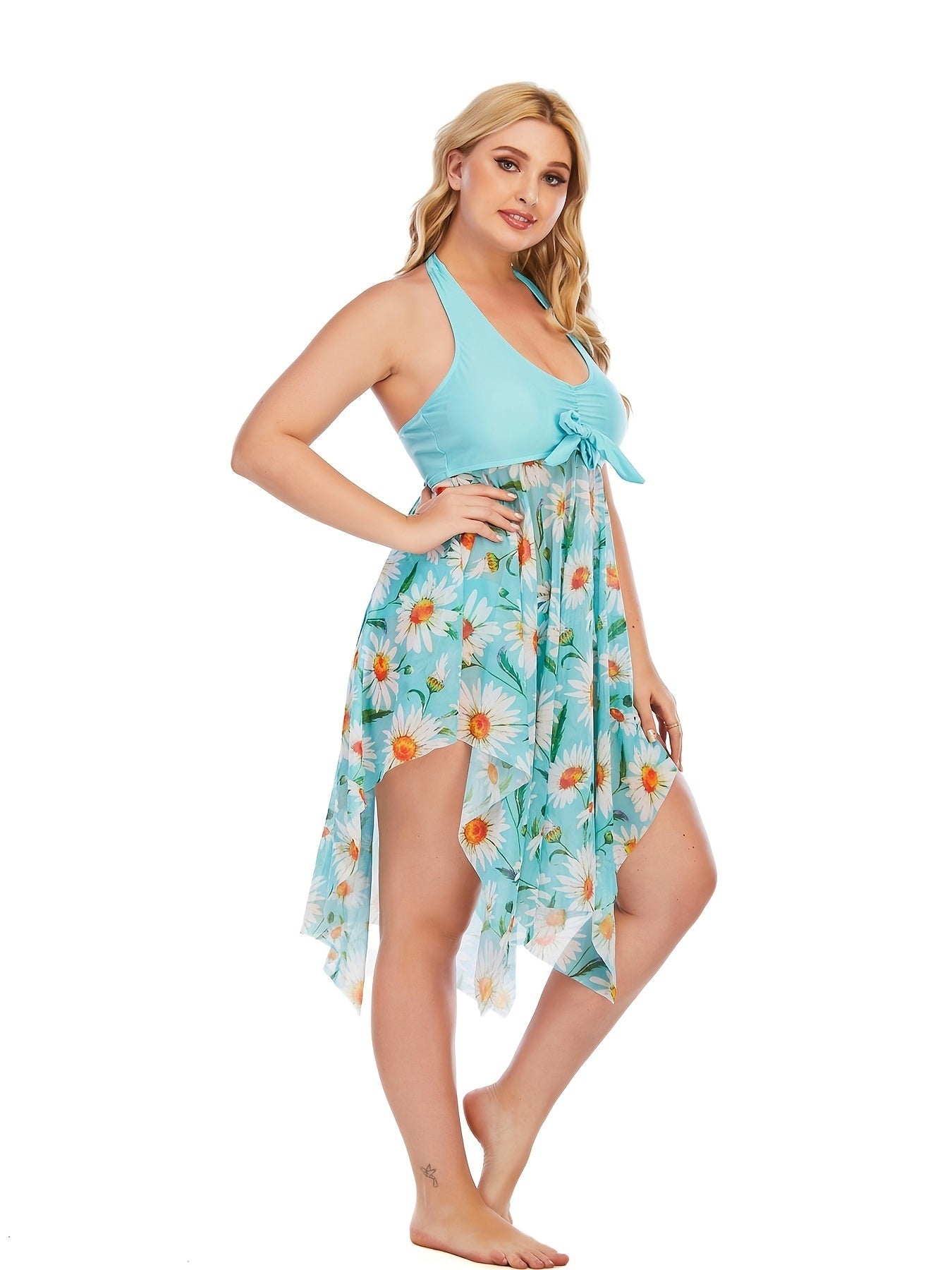 Plus Size Floral Print Irregular Hem Dress & Panty Swimsuit Set; Women's Plus Medium Stretch Elegant Swimsuit 2pcs Set