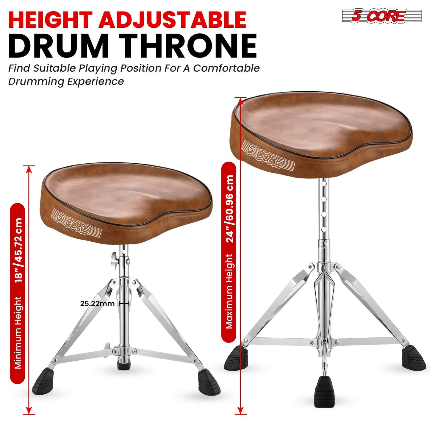 5 CORE Drum Throne Padded Guitar Stool Adjustable Saddle Music Chair Seat Universal for Adults & Kids with Anti Slip Rubber Feet - DS CH BR SDL