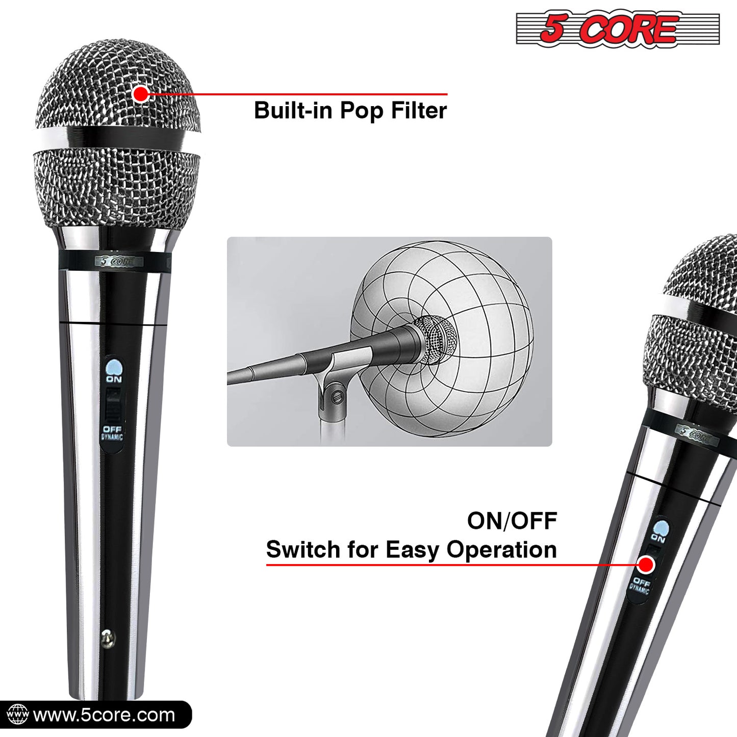 5 Core Microphone XLR Dynamic Mic Karaoke Singing Handheld Microfono Wired Professional Unidirectional 1/4 Plug In Cord Connection for Vocal DJ Music - PM 111 CH