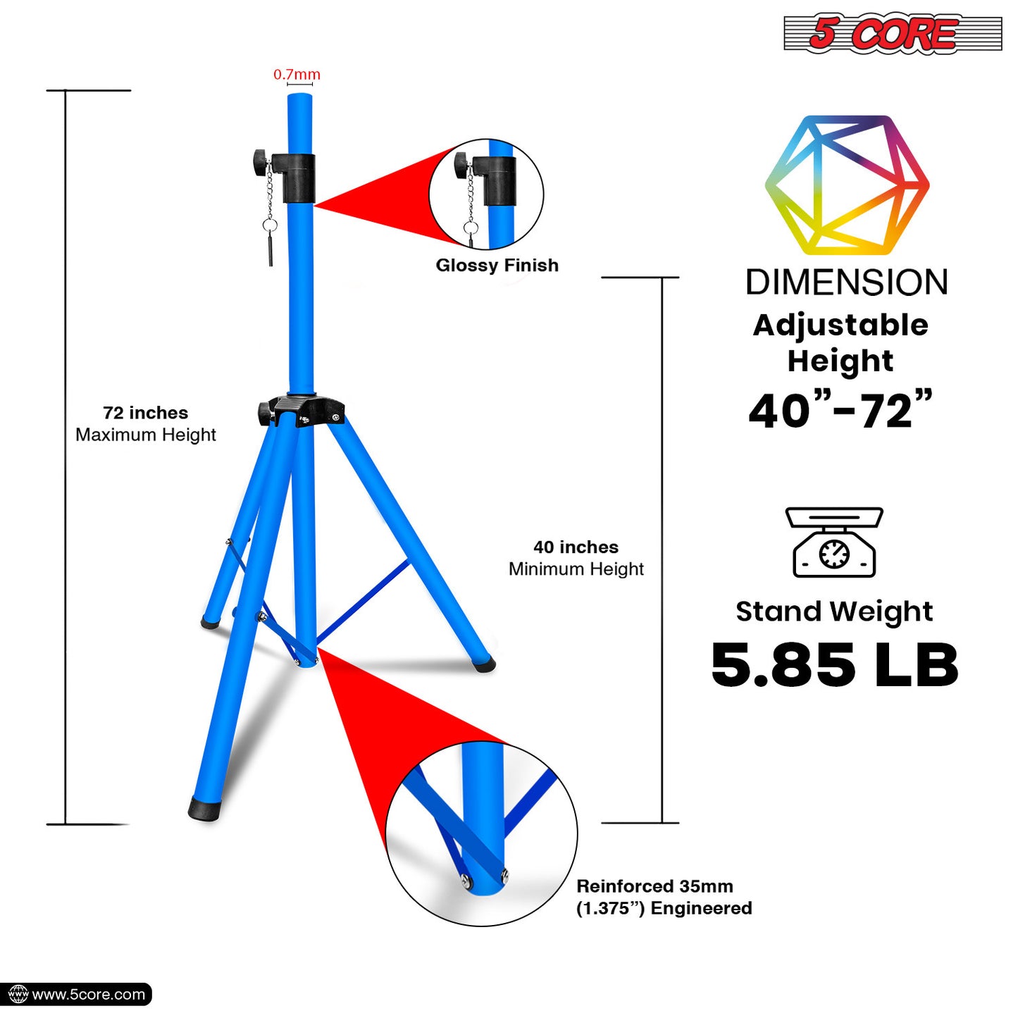 5 Core Speaker Stand Tripod Floor Heavy Duty Adjustable Up to 72 Inch DJ Studio Monitor Stands Pole Mount- SS HD SKY BLU BAG