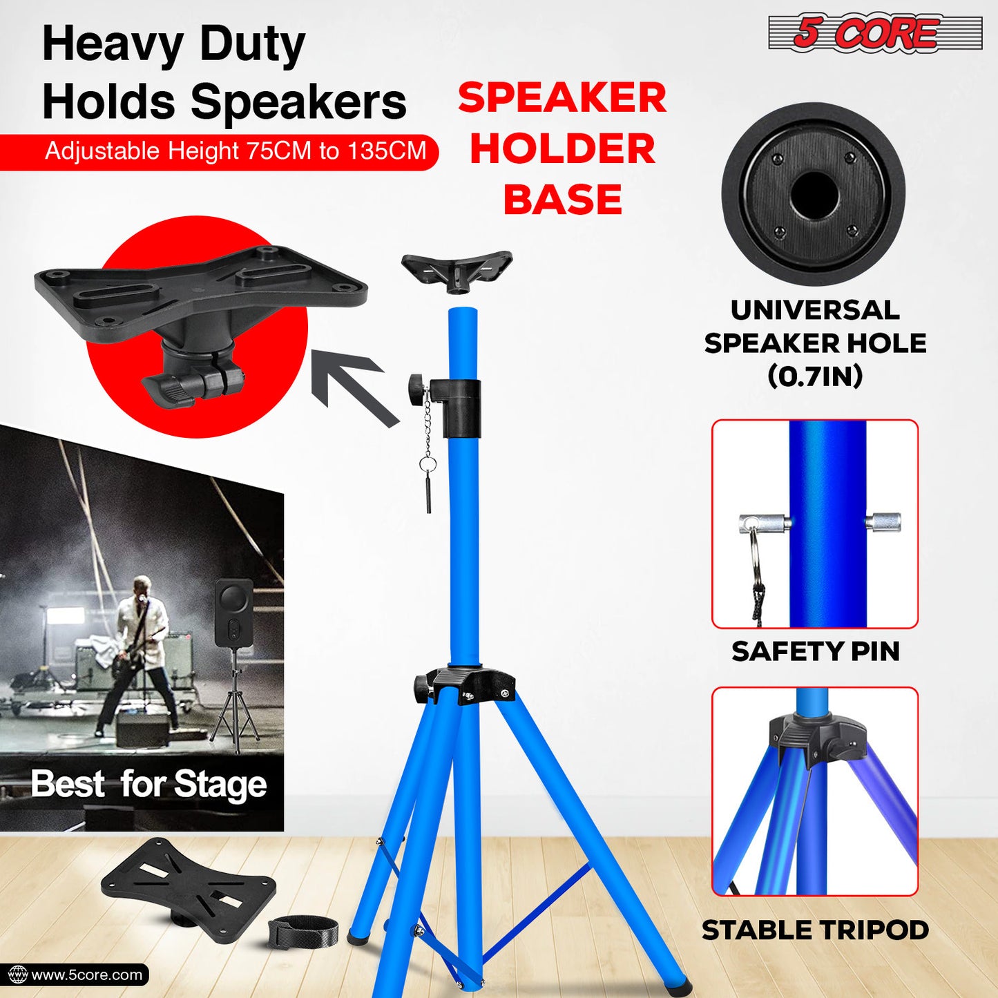 5 Core Speaker Stand Tripod Floor Heavy Duty Adjustable Up to 72 Inch DJ Studio Monitor Stands Pole Mount- SS HD SKY BLU BAG