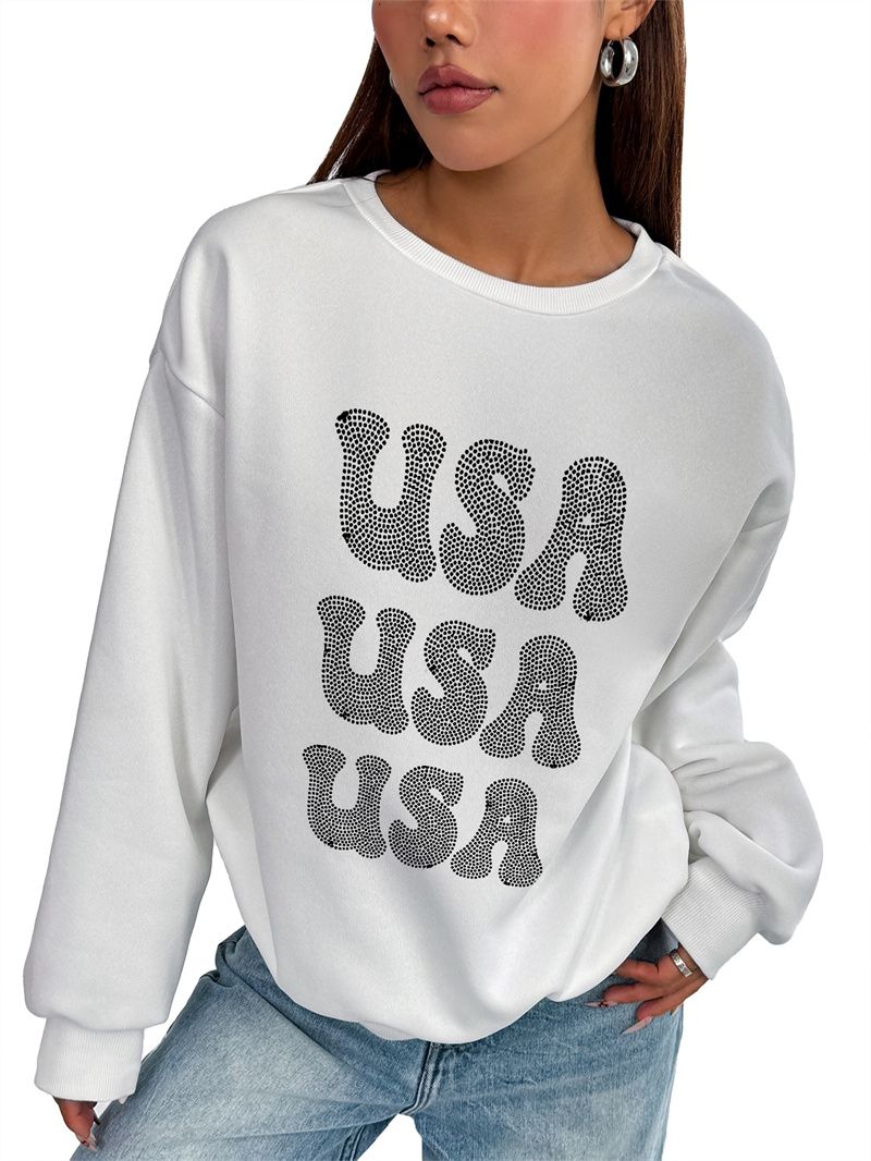 Women Basic Casual Pullover Spring Autumn Long Sleeve Three USA Printed Round Neck