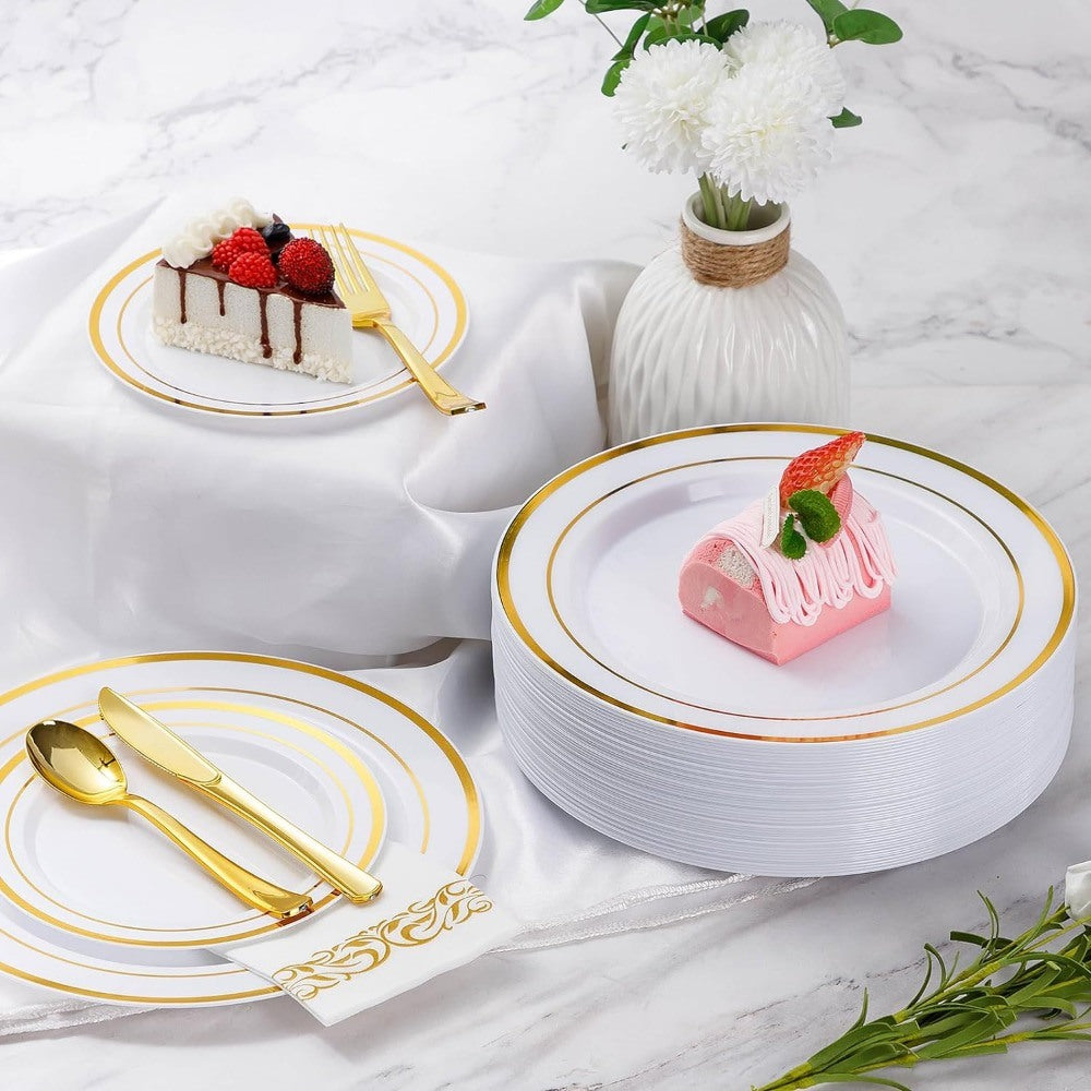 700 Piece Gold Dinnerware Set for 100 Guests, 100 Gold Rim Dinner Plates,Dessert Plates, Paper Napkins, Cups