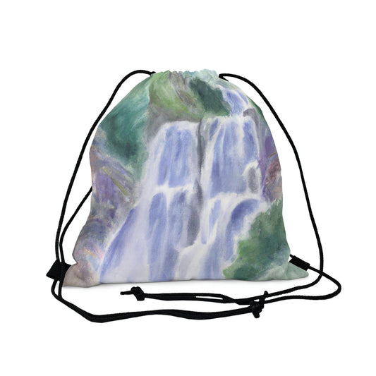 Drawstring Bag, Purple Watercolor Waterfall Green Landscape Nature Print