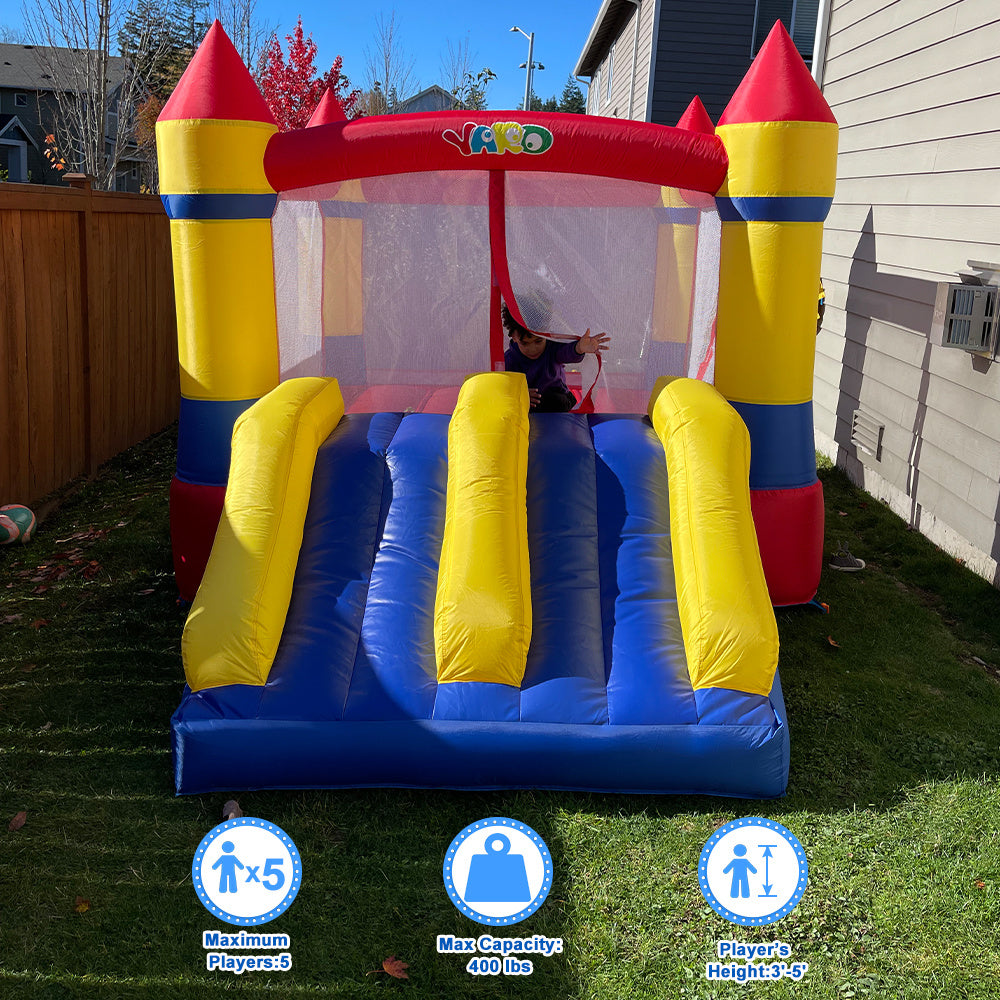 YARD Bounce House Dual Castle Slide with Air Blower, Four-Sided Protection Net, Inflatable Bounce House for Outdoor Indoor Party, Made of Nylon and Vinyl Extra Thick Bouncing Floor